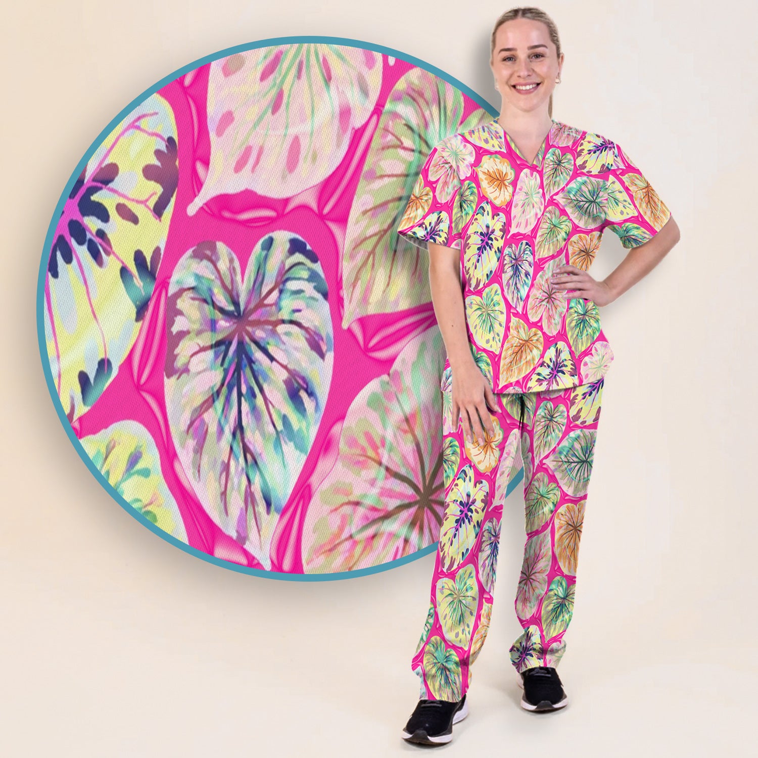 Tropical Colorful Shaped Leaf Nurse Pattern Scrub Set, Scrub Pants and V Neck Top