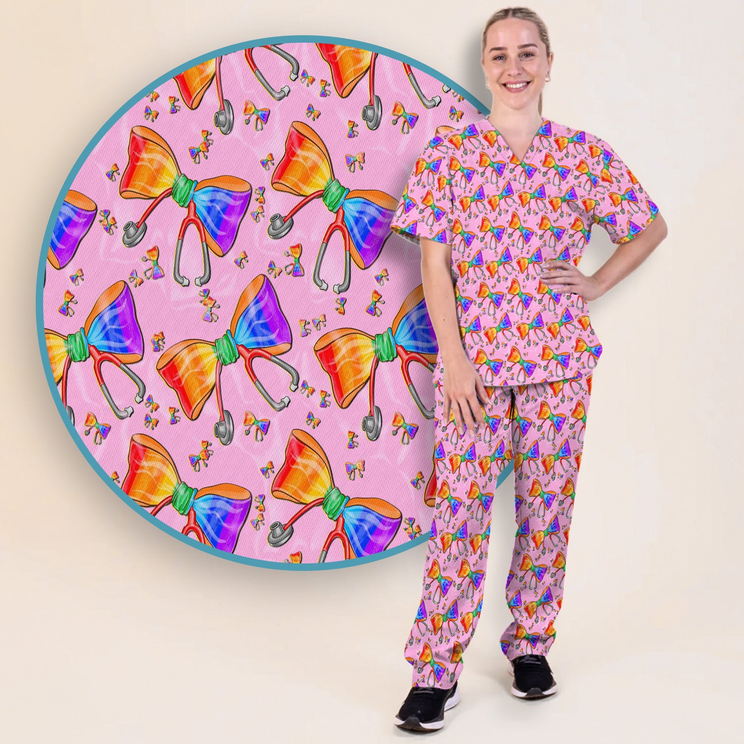 Colorful Rainbow Bow Stethoscope Pattern Scrub Top, Breathable Fabrics Nursing Uniform
