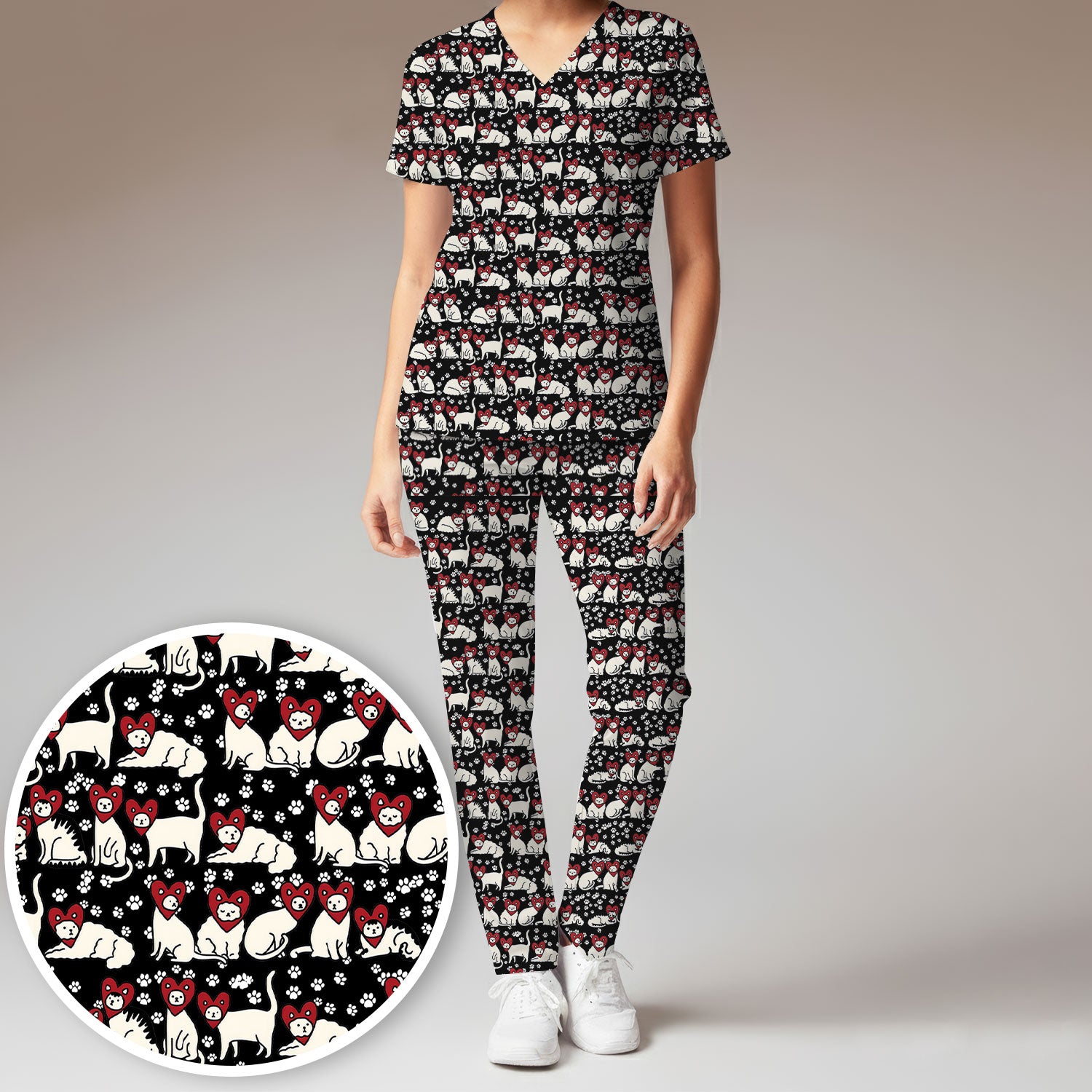 Cute Cat Heart Pattern Scrub Set, Funny Cat Scrub Shirt For Nurses, Breathable Fabrics Nursing Uniform