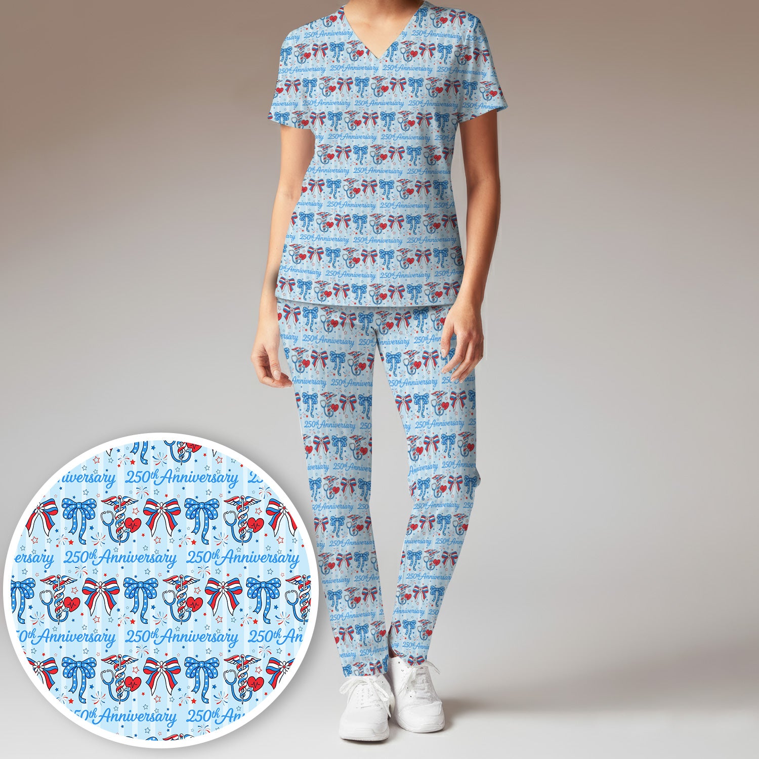 Festive 250th Anniversary Nurse Ribbon Heart Pattern Scrub Set, Scrub Pants and V Neck Top