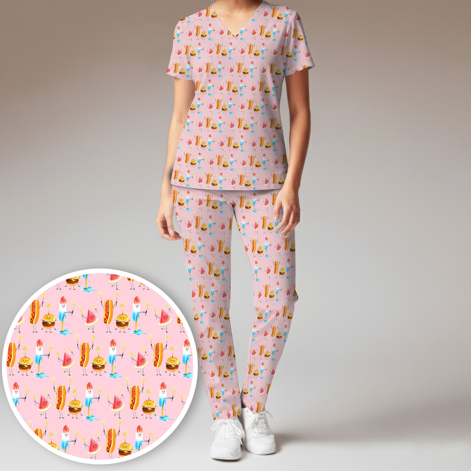Funny Summer Food Icons Pattern Scrub Set, Breathable Fabrics Nursing Uniform