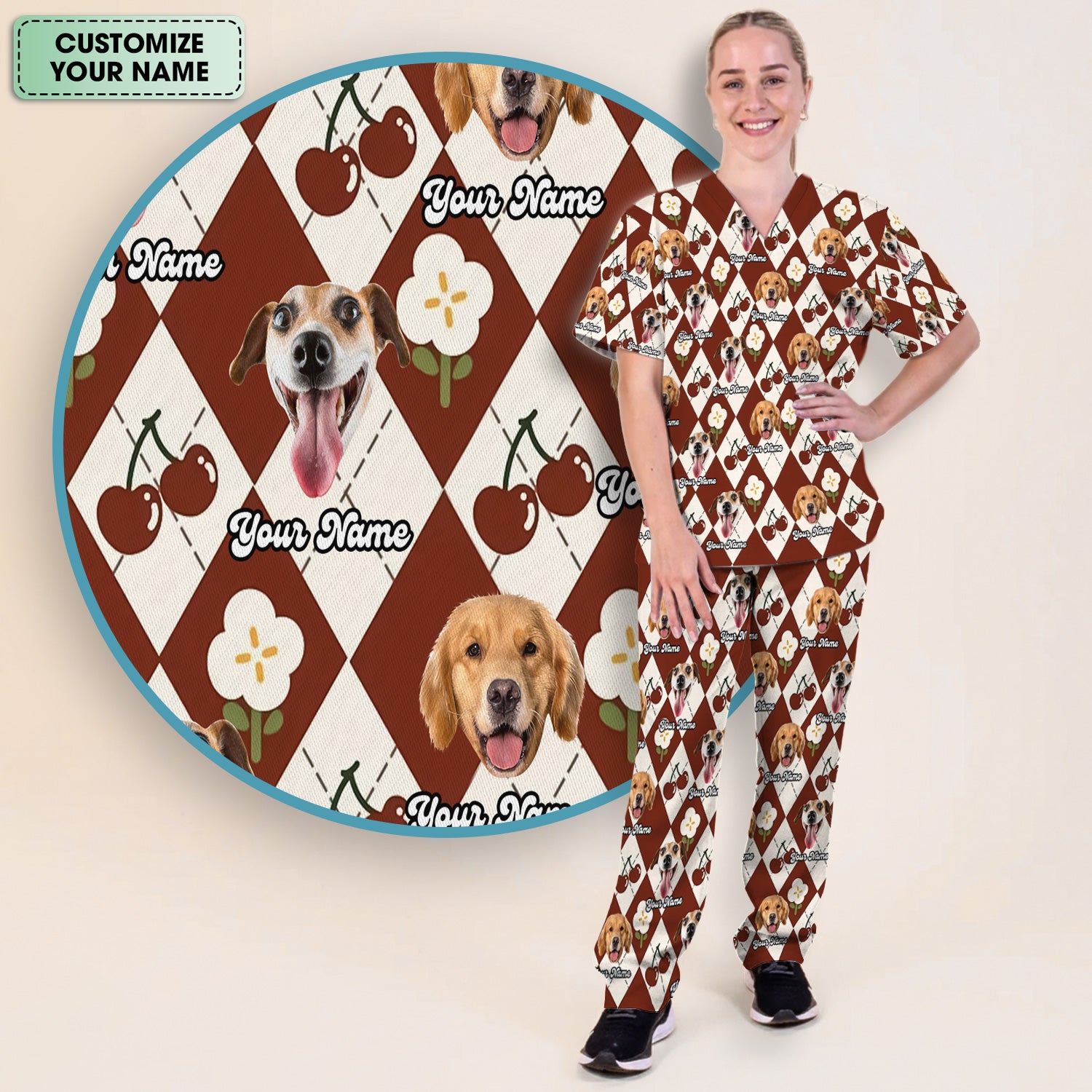 Custom Dog Face Scrub Set, Playful Dog Cherry Argyle Pattern Shirt, Breathable Fabrics Nursing Uniform
