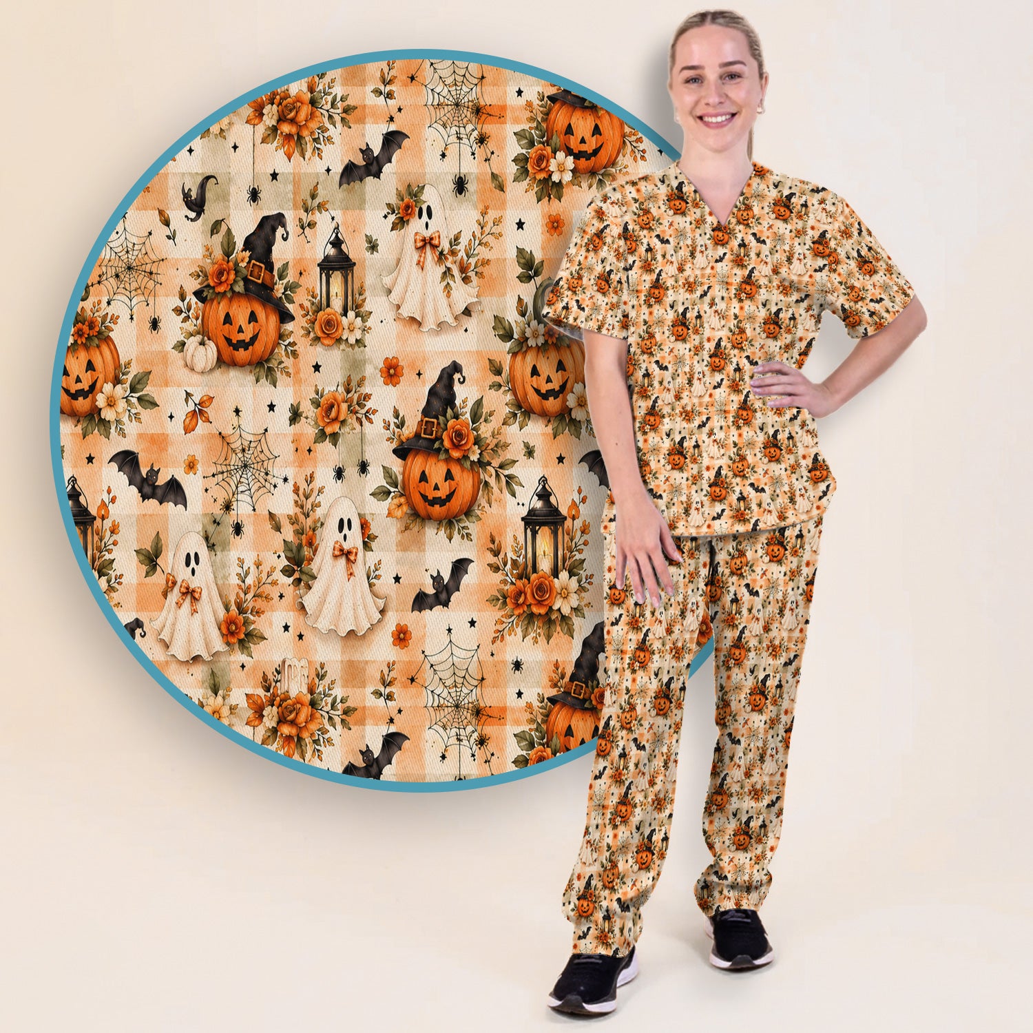 Vintage Halloween Pumpkin And Ghost Scrub Set, Scrub Pants and V Neck Top