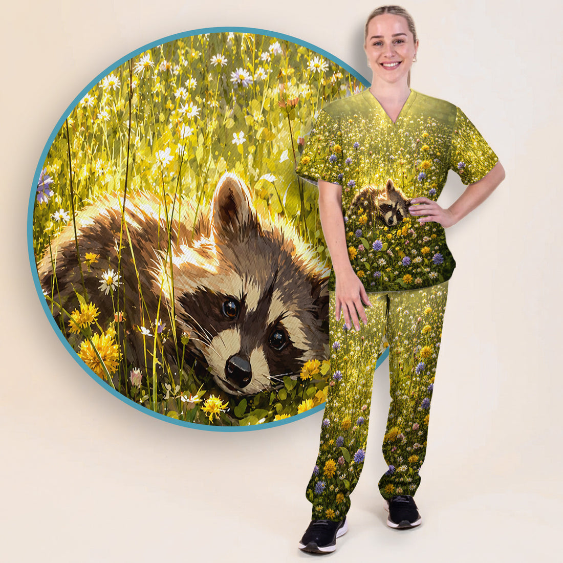 Meadow Raccoon Wildflower Garden Pattern Scrub Set, Scrub Pants and V Neck Top