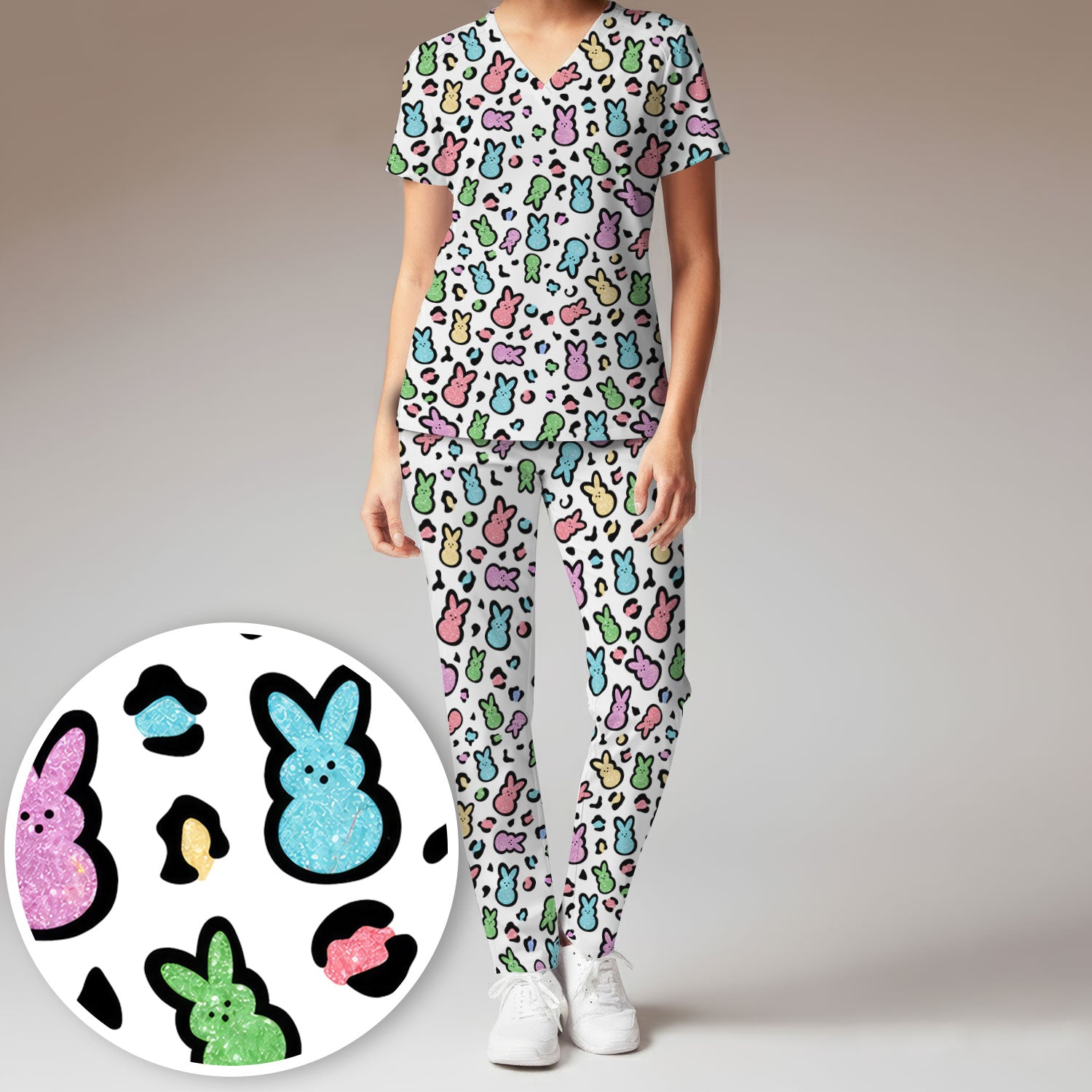 Cute Easter Bunny Pastel Pattern Scrub Set, Scrub Pants and V Neck Top