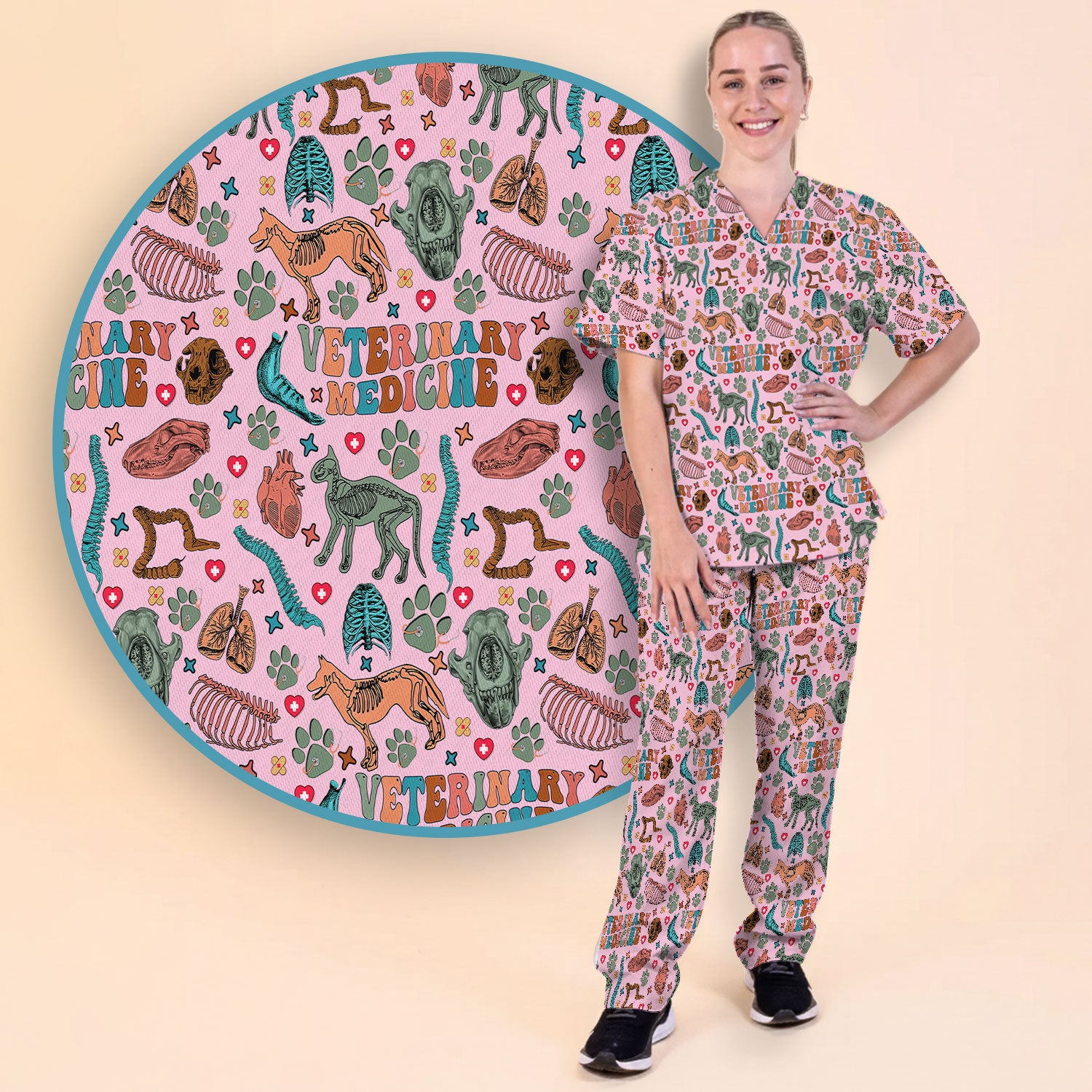 Veterinary Medicine Scrub Set - Cute Animal Anatomy Scrubs Pants and V Neck Top - Fun Vet Tech Nurse Uniform for Women
