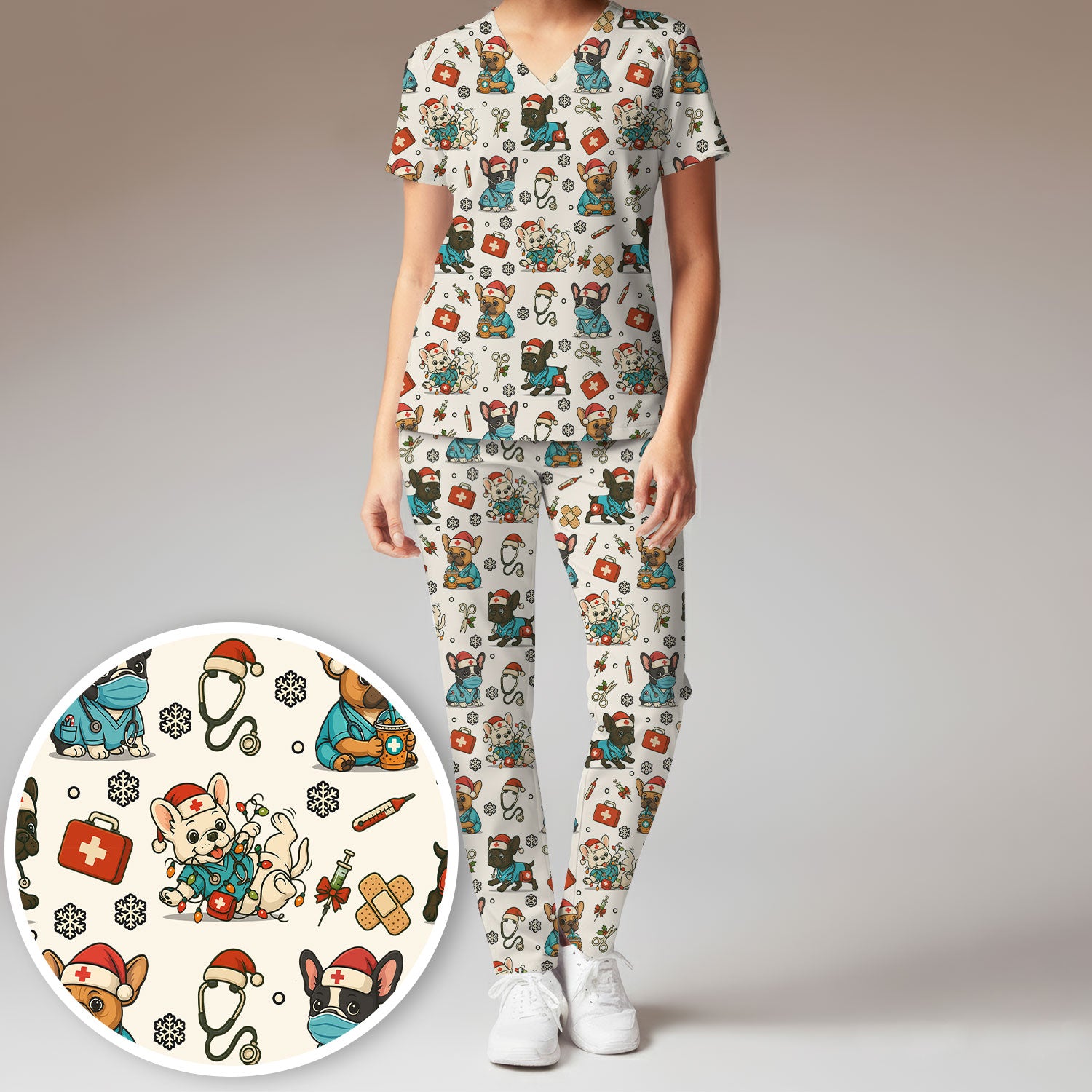 Christmas Dog Nurse Scrub Set for Women - Cute French Bulldog Pattern Scrub Top and Pants - Funny Holiday Nursing Outfit Gift for RN LPN CNA