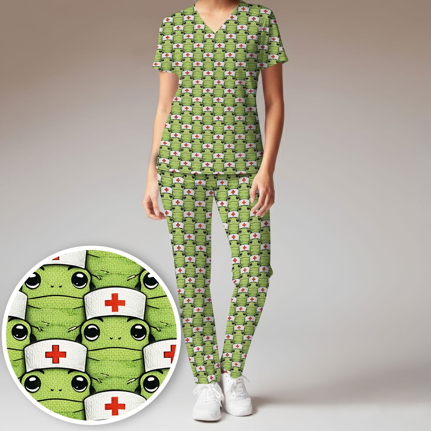 Funny Green Nurse Frog Scrub Set, Scrub Pants and V Neck Top
