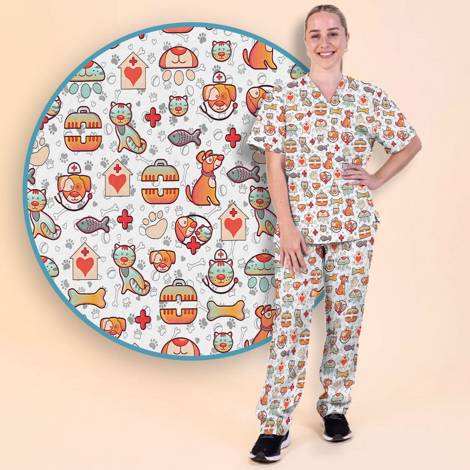 Veterinary Nurse Scrub Set - Cute Cat Dog Paw Scrubs Pants and V Neck Top - Funny Animal Vet Tech Uniform for Women