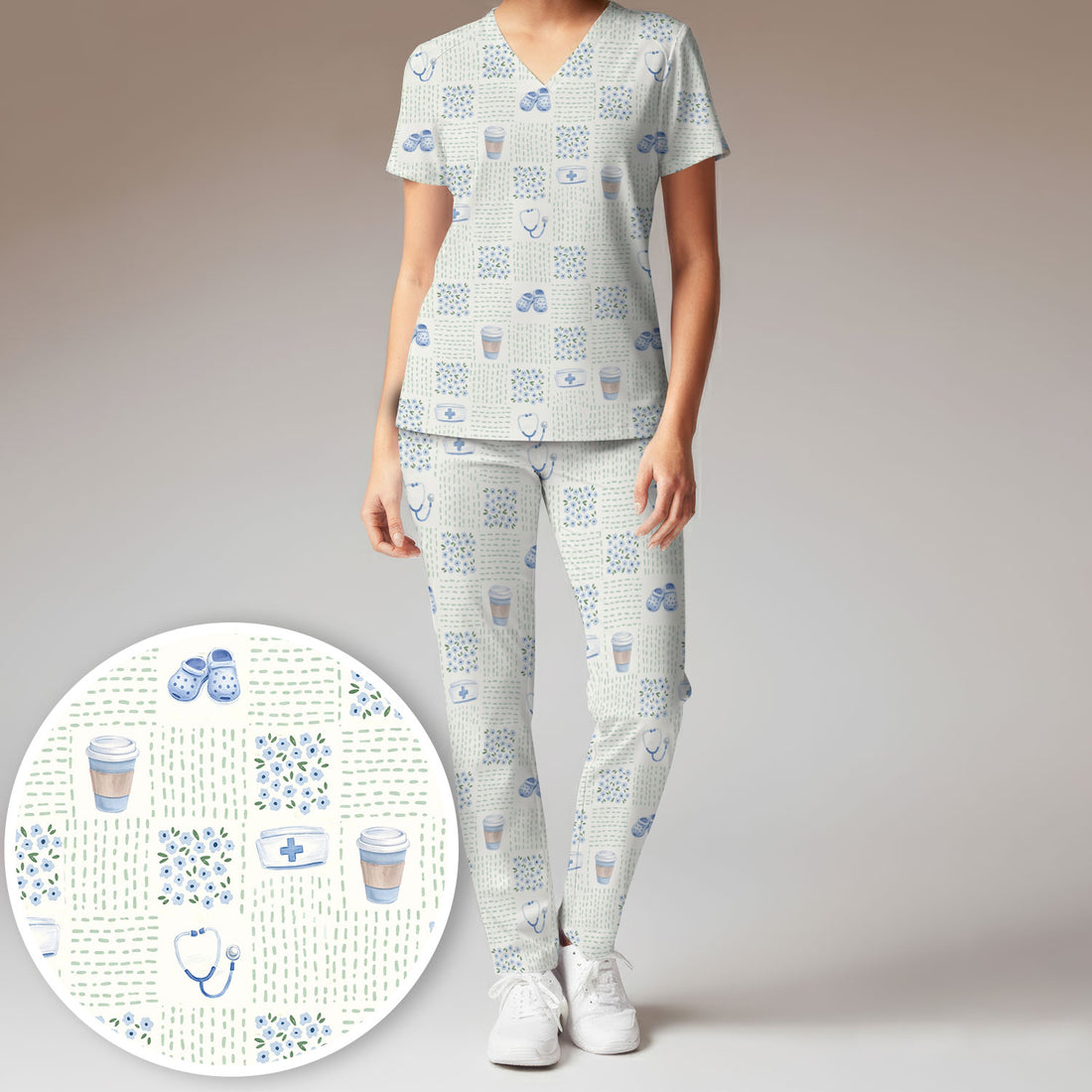 Cute Medical Essentials Pattern Scrub Set, Scrub Pants and V Neck Top