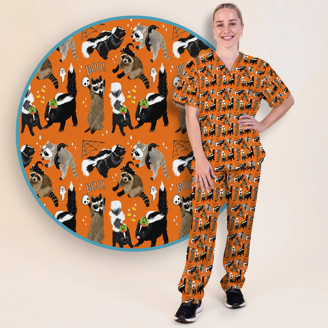 Halloween Wildlife with Skunk Raccoon Pattern Scrub Set, Scrub Pants and V Neck Top