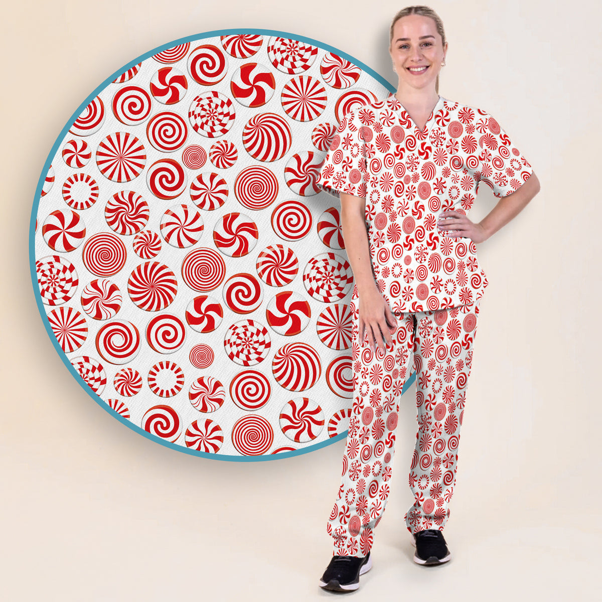 Christmas Peppermint Candy Pattern Scrub Set, Scrub Pants and V Neck Top