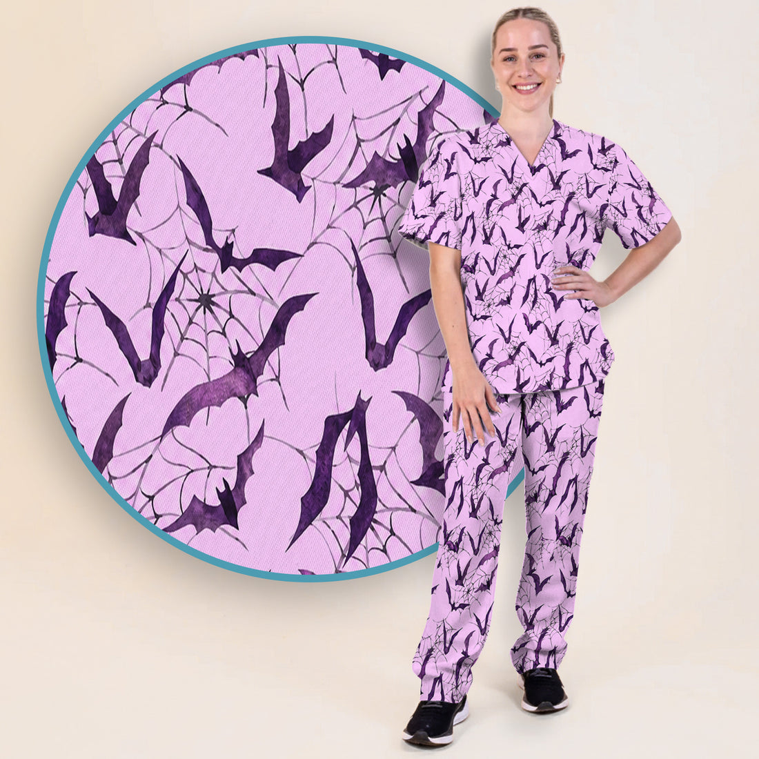 Halloween Bat with Spider Web Scrub Set, Scrub Pants and V Neck Top