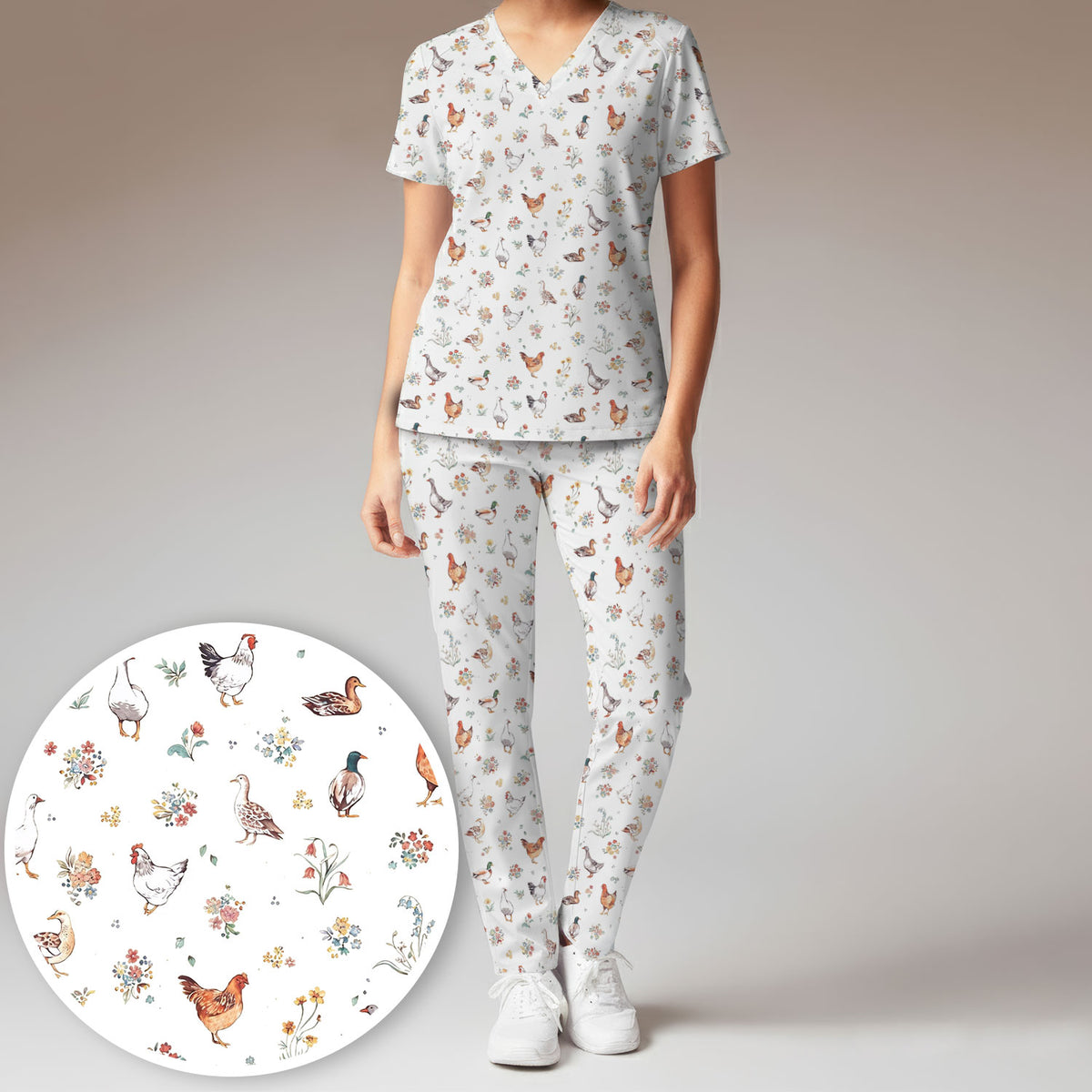 Farm Chicken Duck Floral Pattern Scrubs Sets, Scrub Pants and V Neck Top
