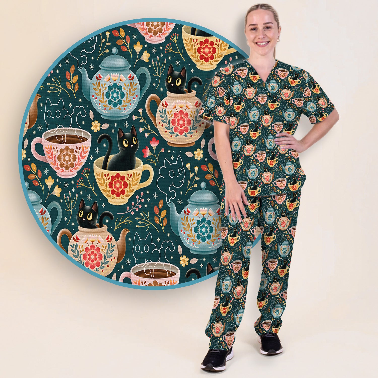 Black Cat Tea Party Veterinary Pattern Scrub Set, Scrub Pants and V Neck Top