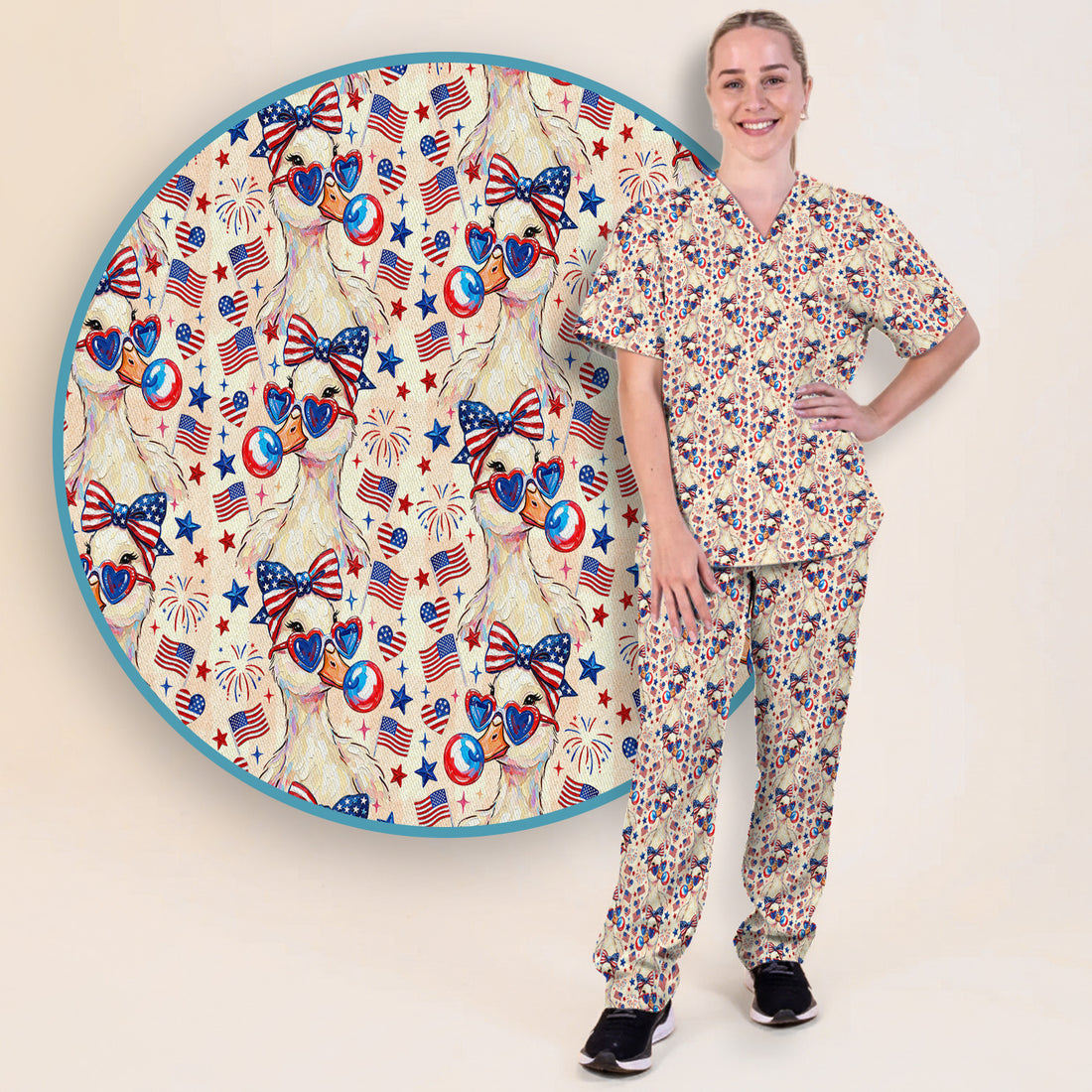 USA Flag 250th Patriotic Duck Sunglasses Pattern Scrub Set, Scrub Pants and V Neck Top