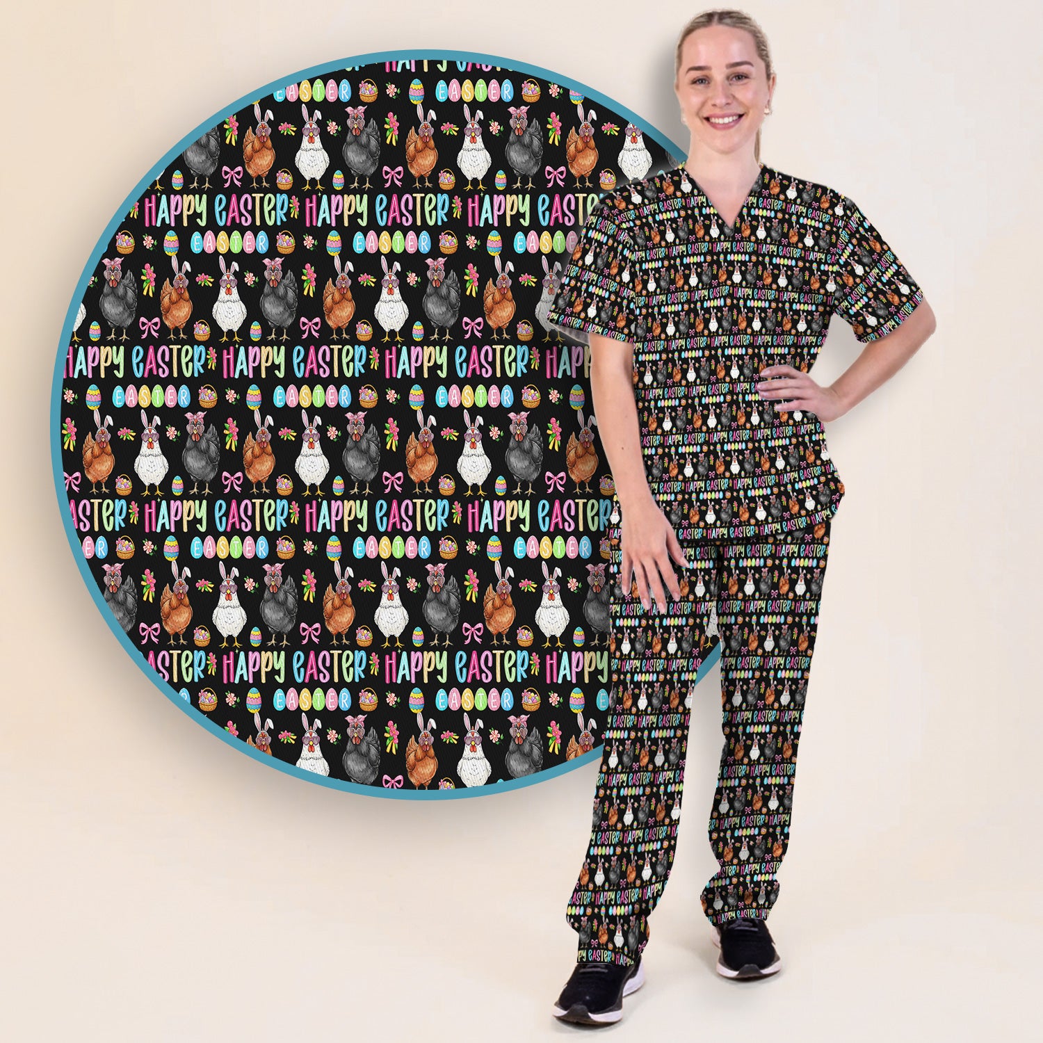 Happy Easter Bunny Eggs Pattern Scrub Sets, Scrub Pants and V Neck Top