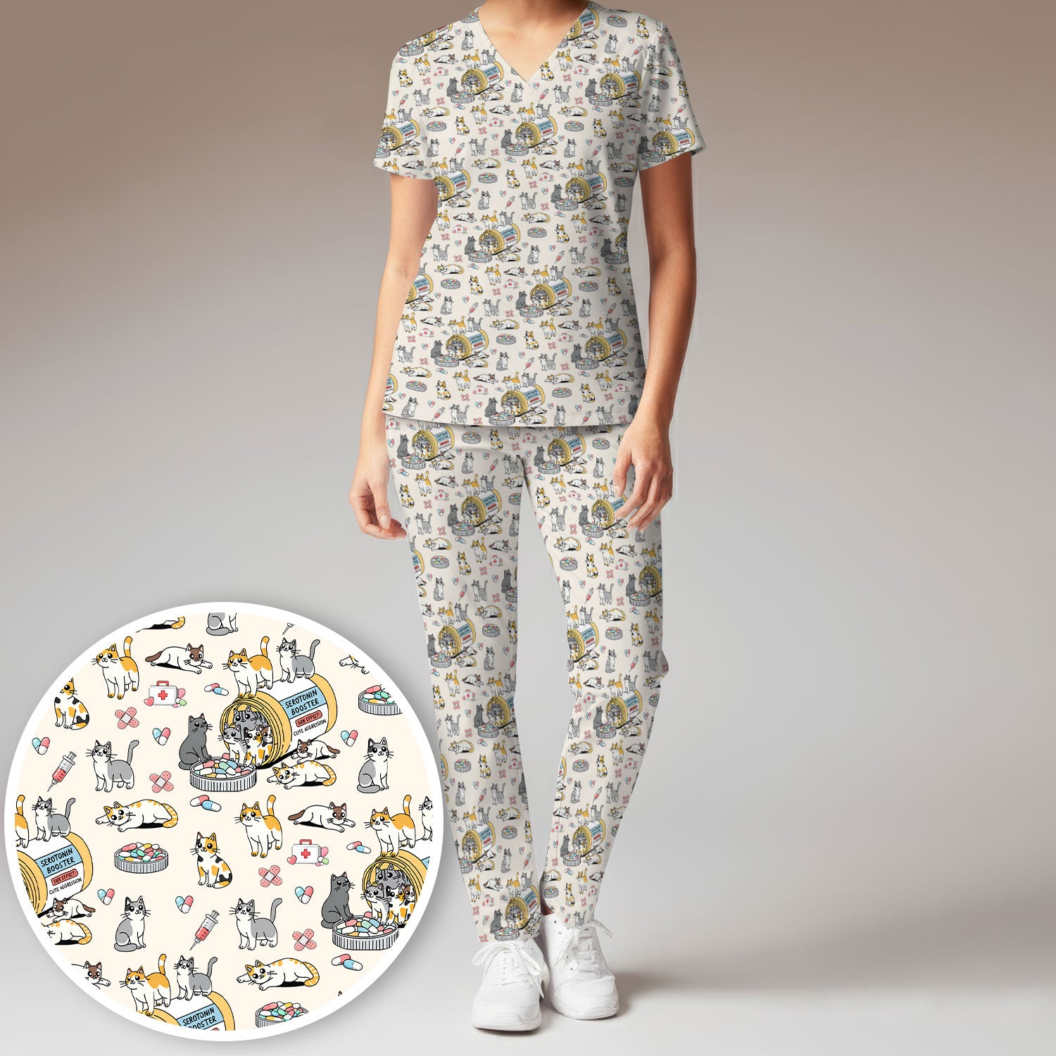 Cute Cat Serotonin Booster Pattern Women's Scrub Set, Breathable Med Uniform