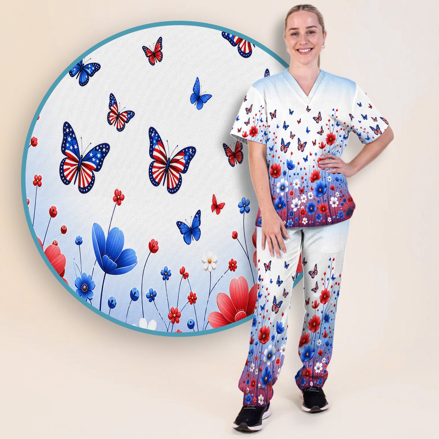Patriotic Butterfly Wildflower Garden Pattern Scrub Set, Scrub Pants and V Neck Top