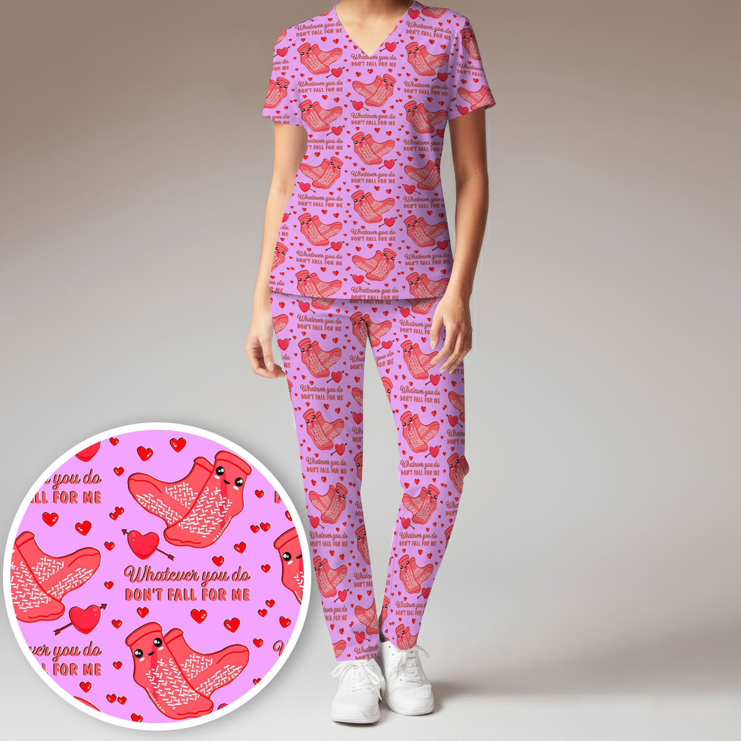 Valentine Funny Love Quote Scrub Set, Scrub Pants and V Neck Top