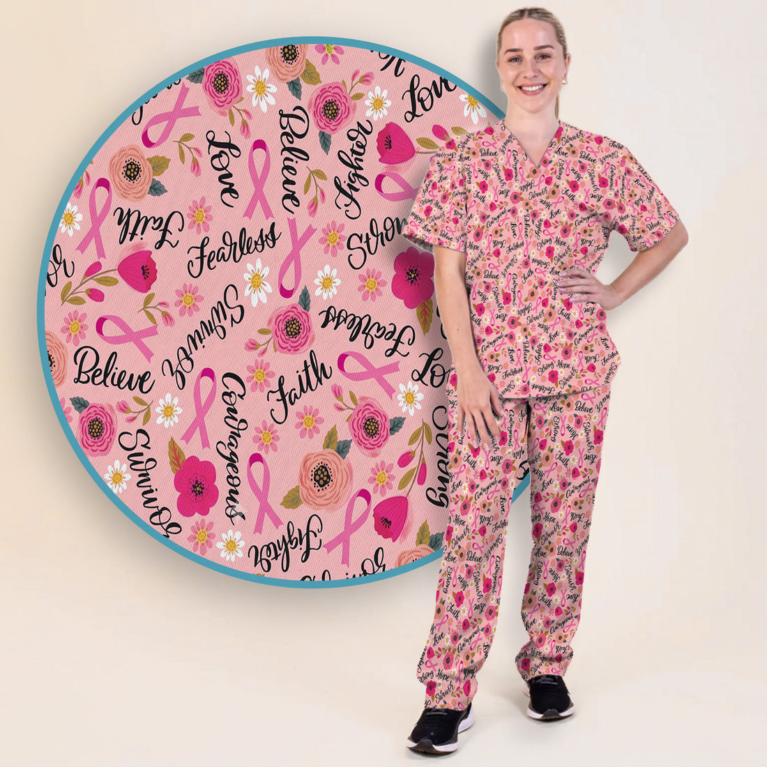 Breast Cancer Awareness Oncology with Pink Ribbon Floral Pattern Scrub Set, Scrub Pants and V Neck Top