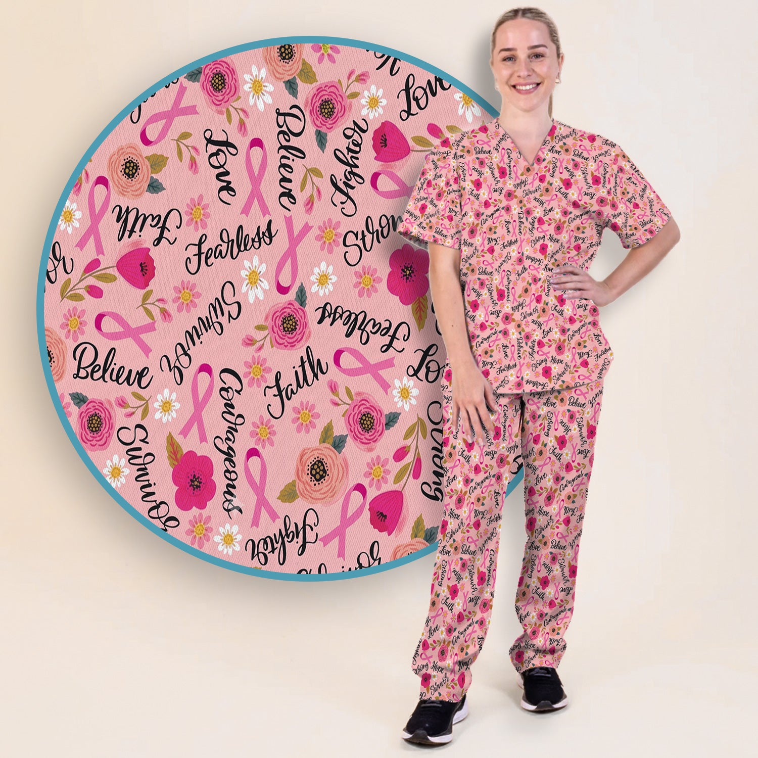 Breast Cancer Awareness Oncology with Pink Ribbon Floral Pattern Scrub Set, Scrub Pants and V Neck Top