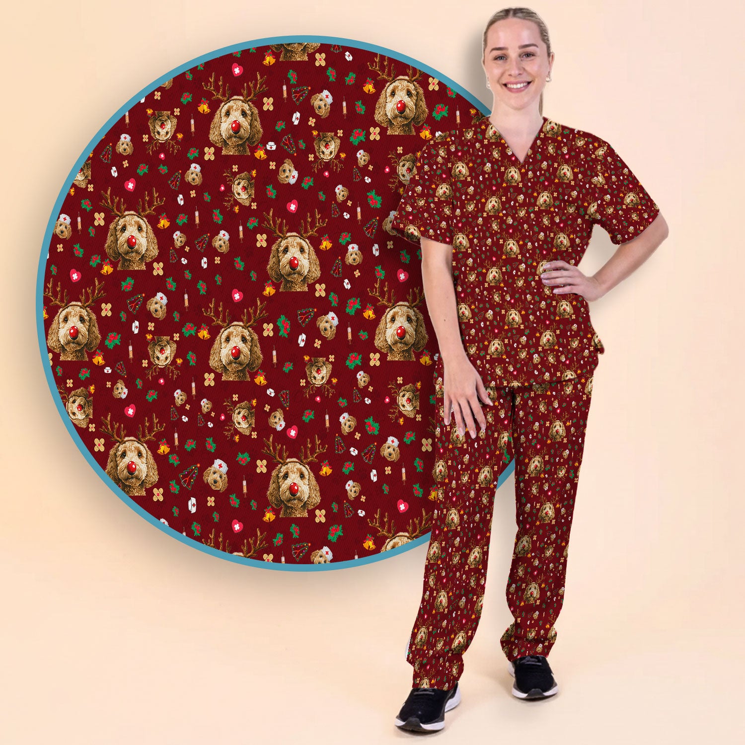Labradoodle Reindeer Christmas Scrub Set - Funny Dog Nurse Pants and V Neck Top - Cute Holiday Medical Uniform