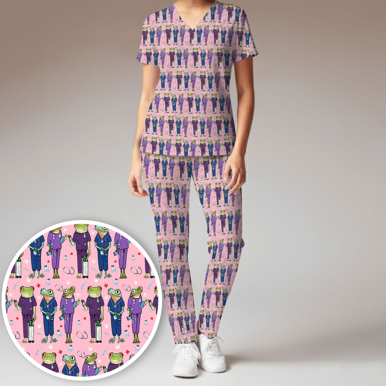 Funny Frog Nurse Pattern Scrub Set, Scrub Pants and V Neck Top