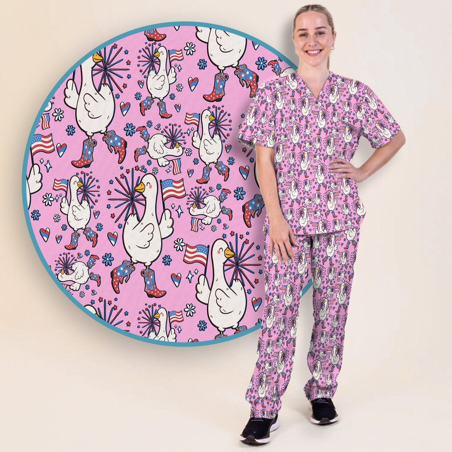 Patriotic Goose With USA Flag Fireworks Scrub Set, Breathable Fabrics Nursing Uniform