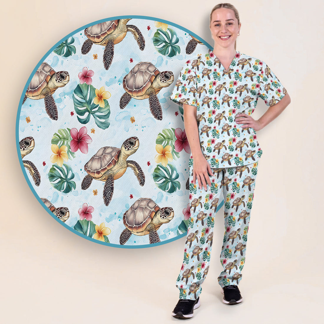 Sea Turtle Tropical Floral Pattern Scrub Set, Scrub Pants and V Neck Top
