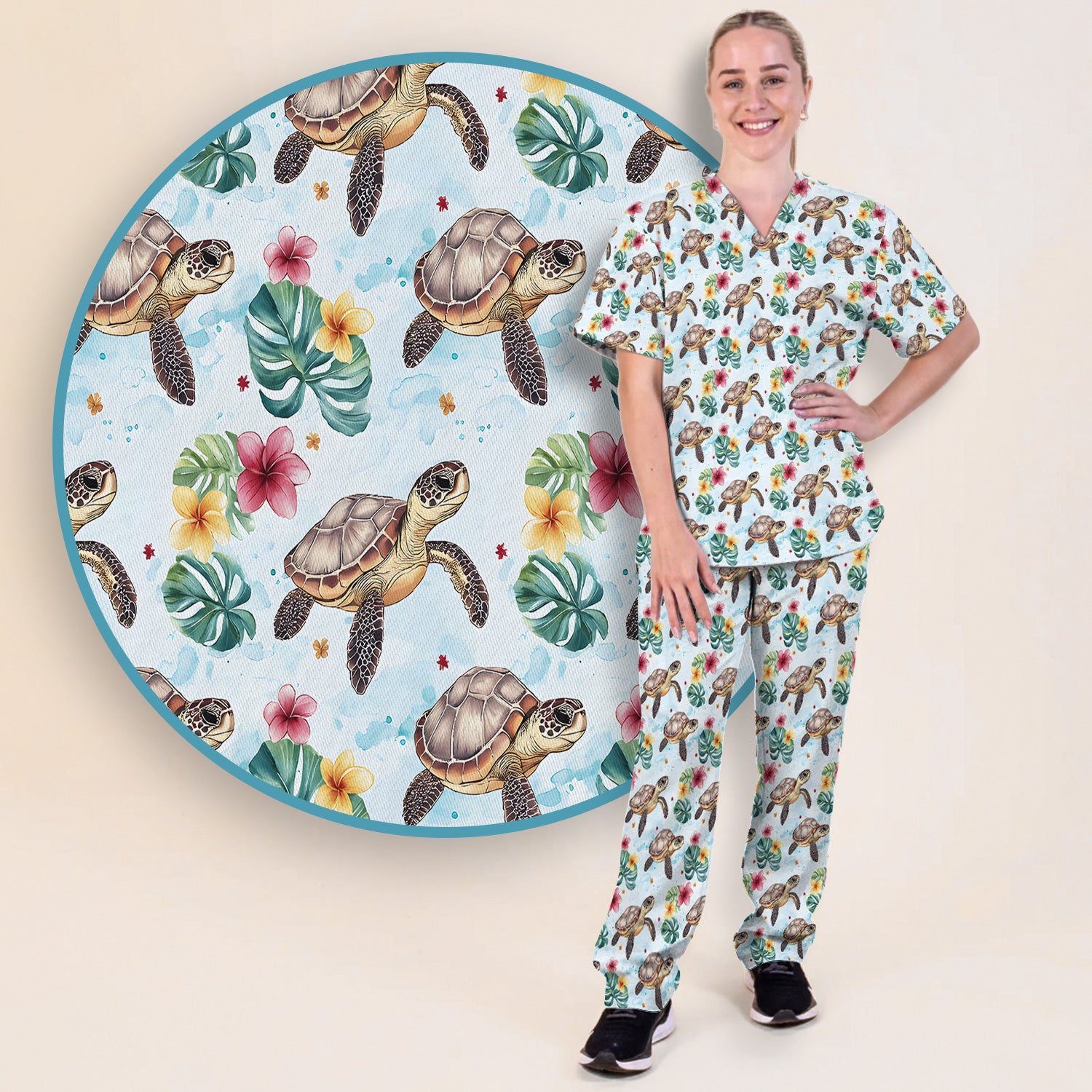 Sea Turtle Tropical Floral Pattern Scrub Set, Scrub Pants and V Neck Top