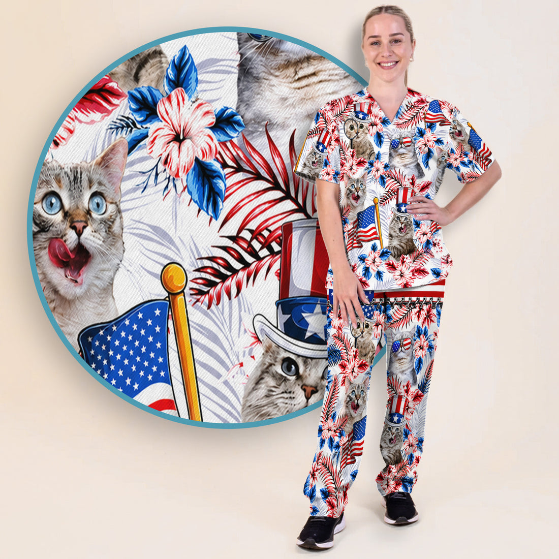 Patriotic Cat with USA Flag Scrub Set, Scrub Pants and V Neck Top