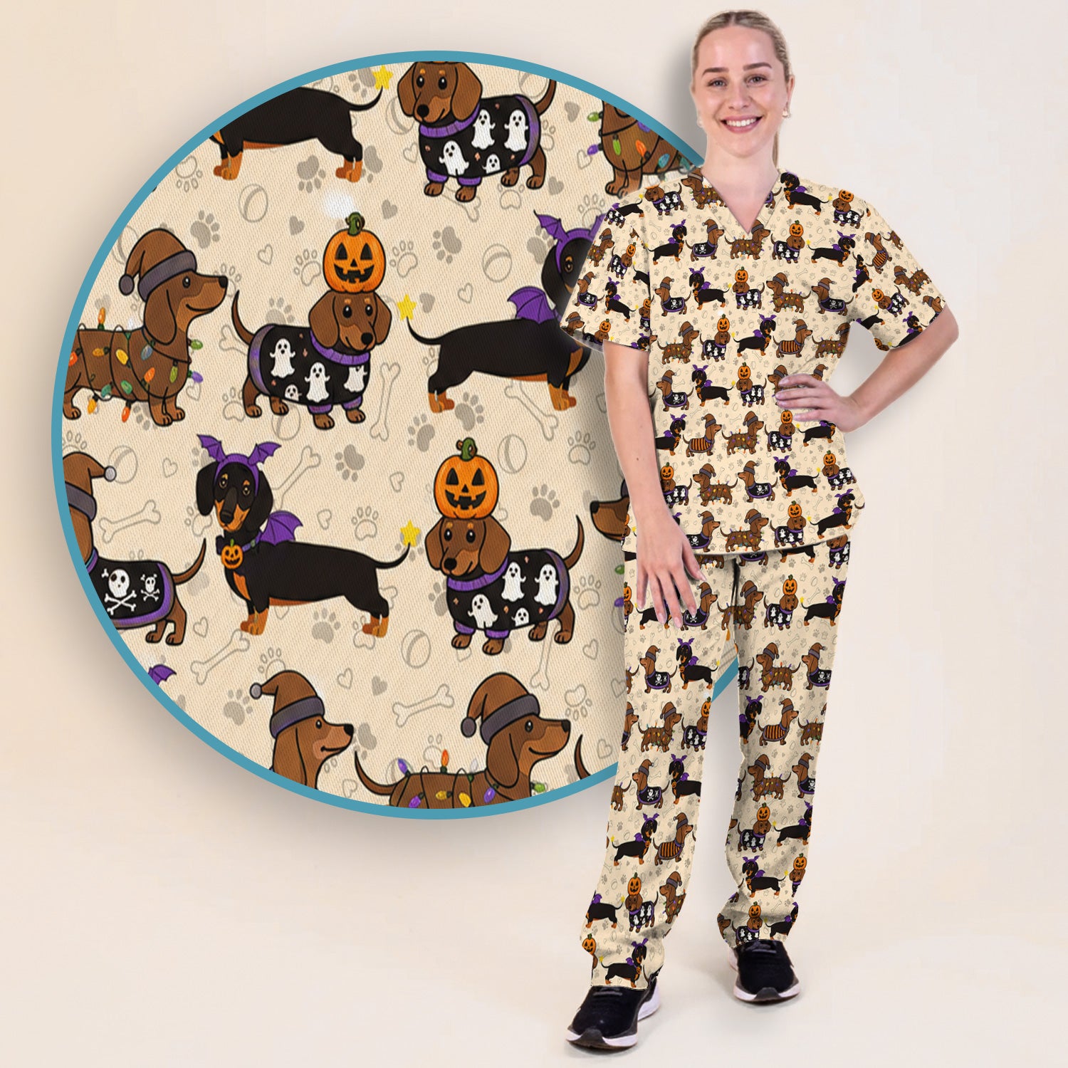 Halloween Dachshund with Pumpkin Ghost Print Scrub Set, Scrub Pants and V Neck Top