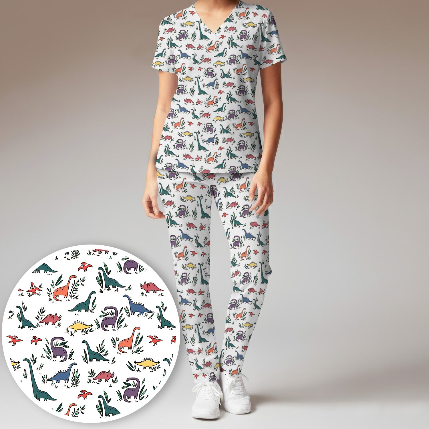 Cute Dinosaur Leafy Garden Pattern Scrub Set, Breathable Fabrics Nursing Uniform