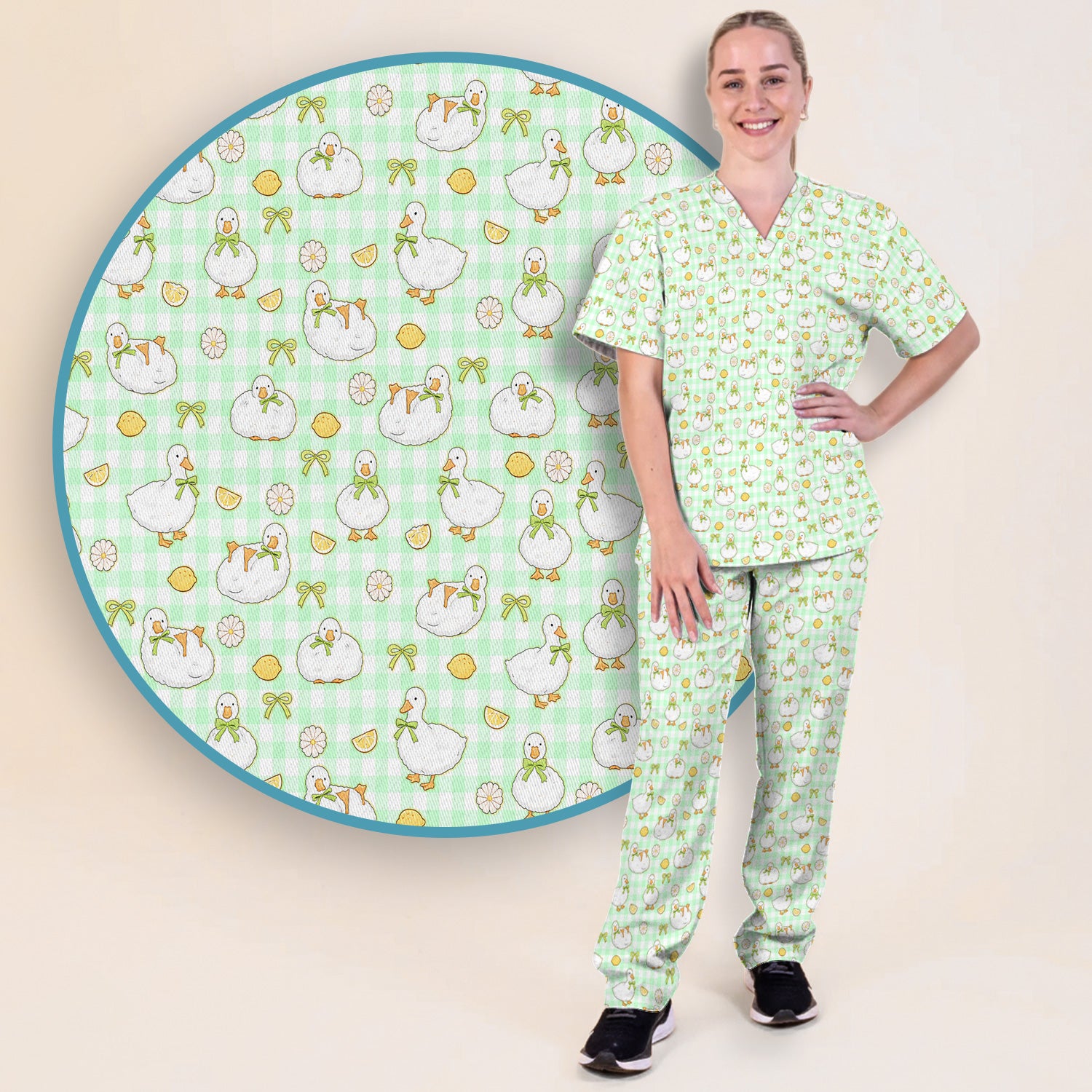 Adorable Ducks Lemon Daisy Pattern Scrubs Sets, Scrub Pants and V Neck Top