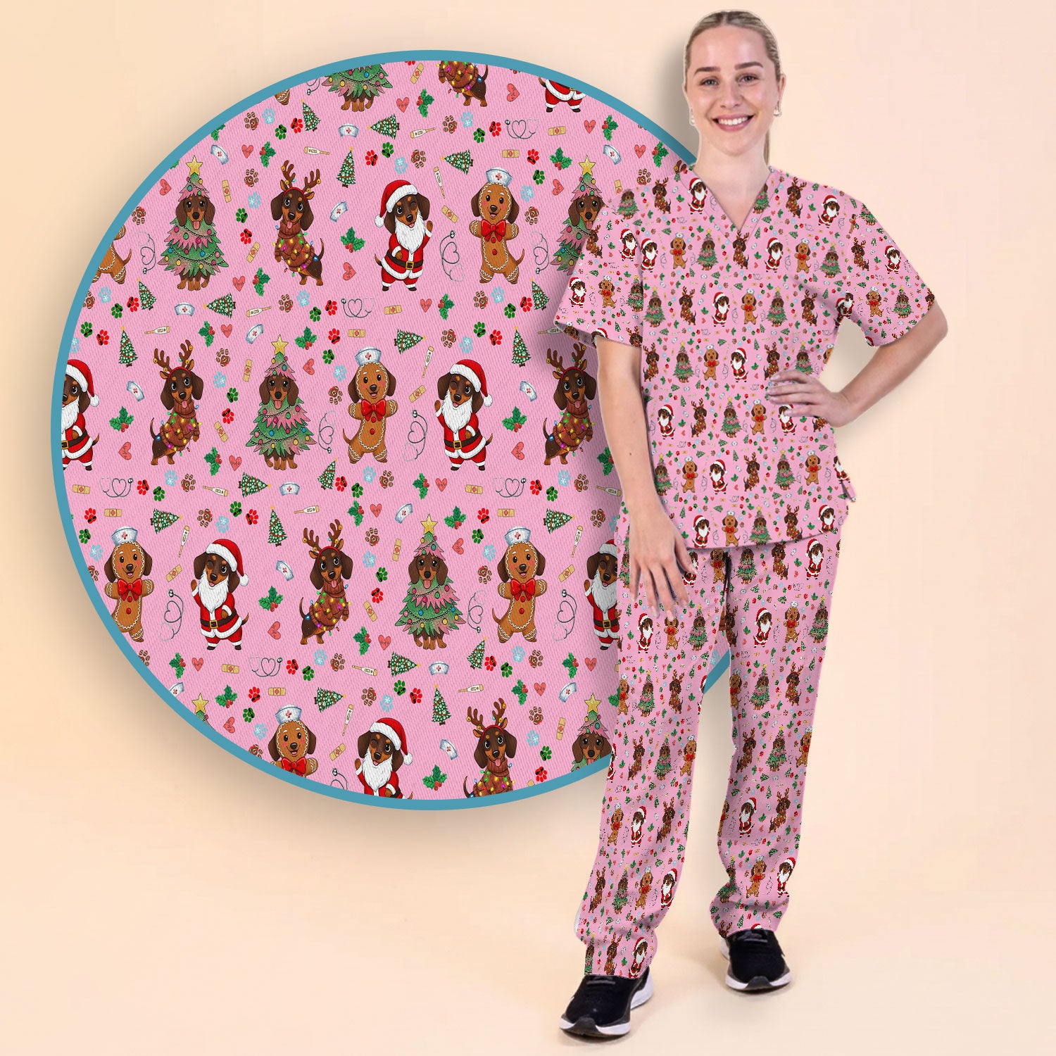 Wiener Dog Christmas Scrub Set – Funny Dachshund Pattern Medical Shirt – Festive Holiday Uniform for RN, LPN, CNA, and Vet Techs