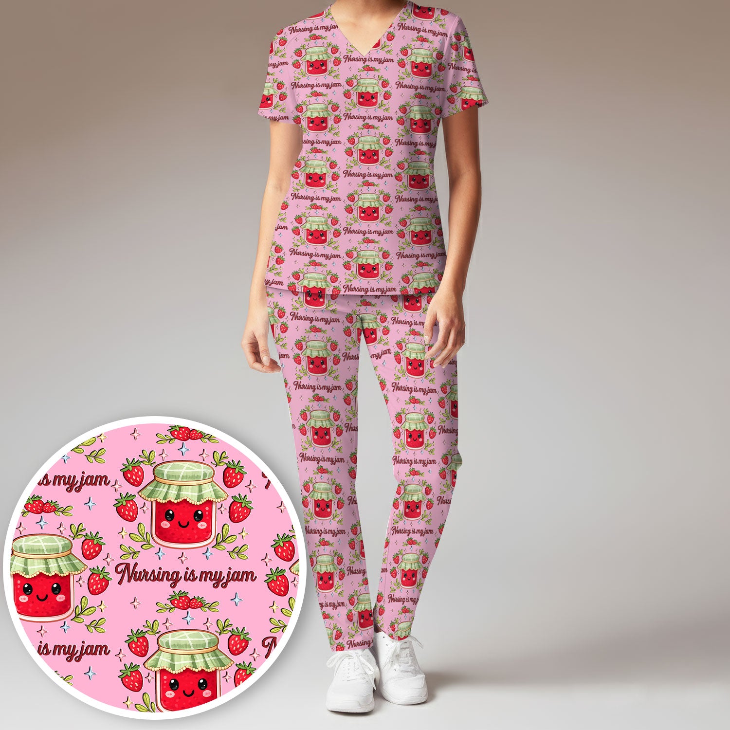 Cute Strawberry Jam Nurse Pattern Scrub Set, Breathable Med Uniform