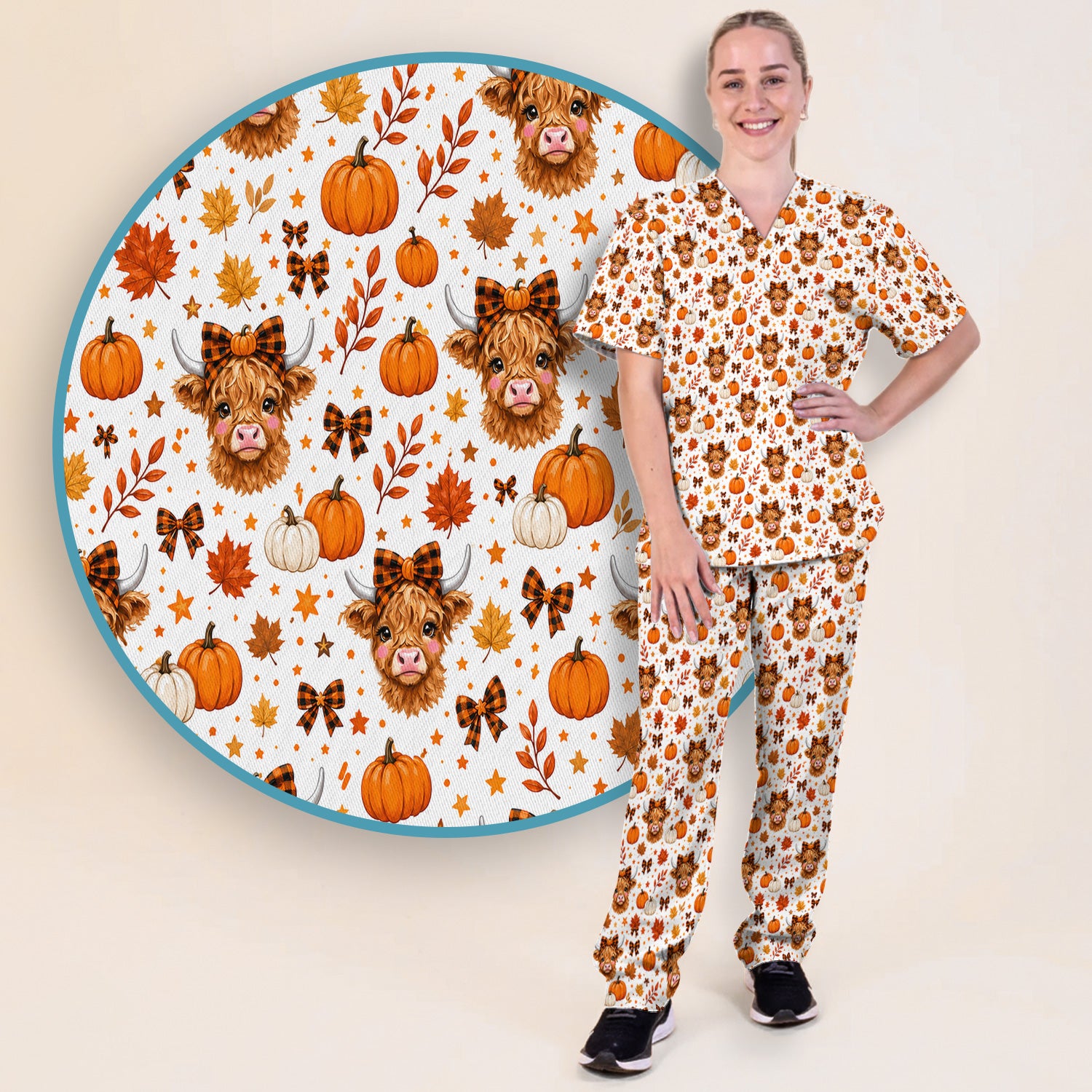 Cute Fall Highland Cow Scrub Set, Scrub Pants and V Neck Top