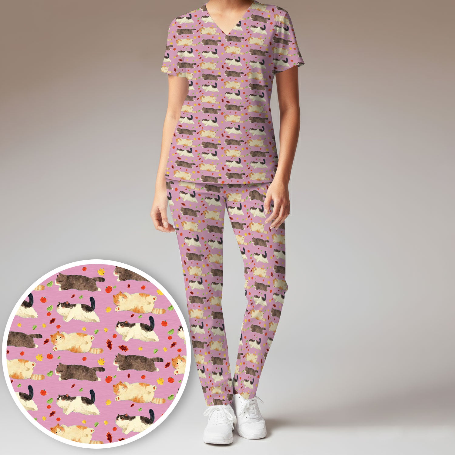 Chubby Cat Autumn Leaves Print Scrub Set, Breathable Med Uniform