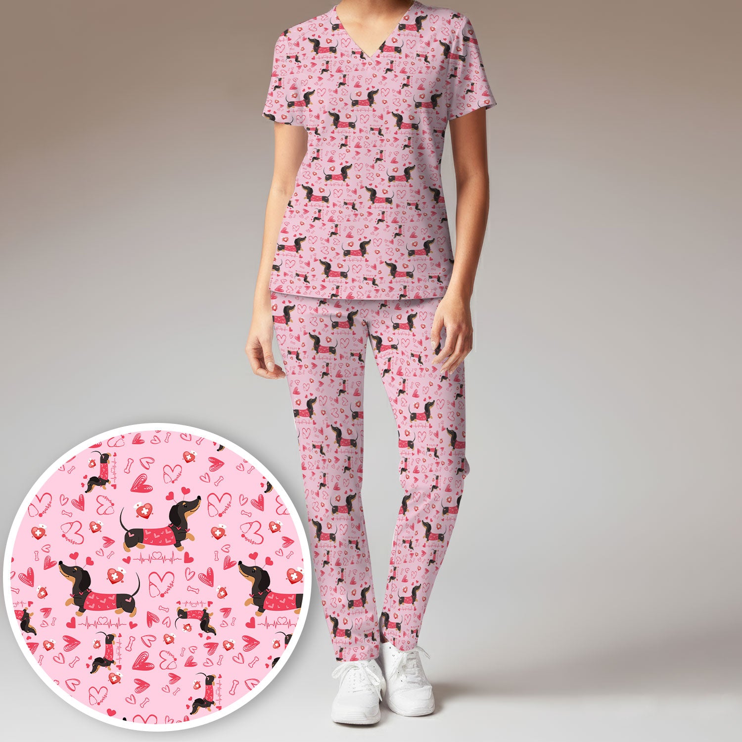 Dachshund Valentine Scrub Set, Cute Wiener Dog Heart Pattern Nurse Shirt, Breathable Fabrics Nursing Uniform