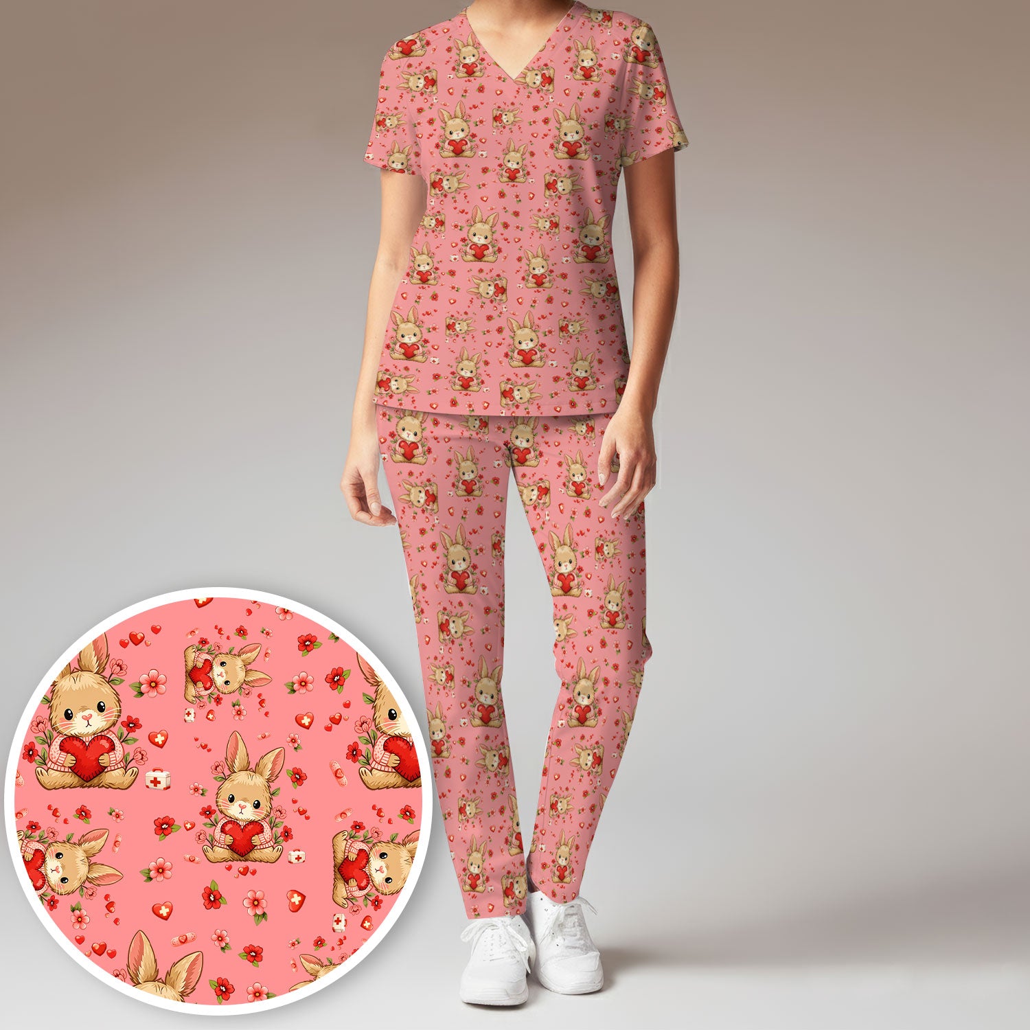 Adorable Bunny Heart Healthcare Design Scrub, Breathable Med Uniform