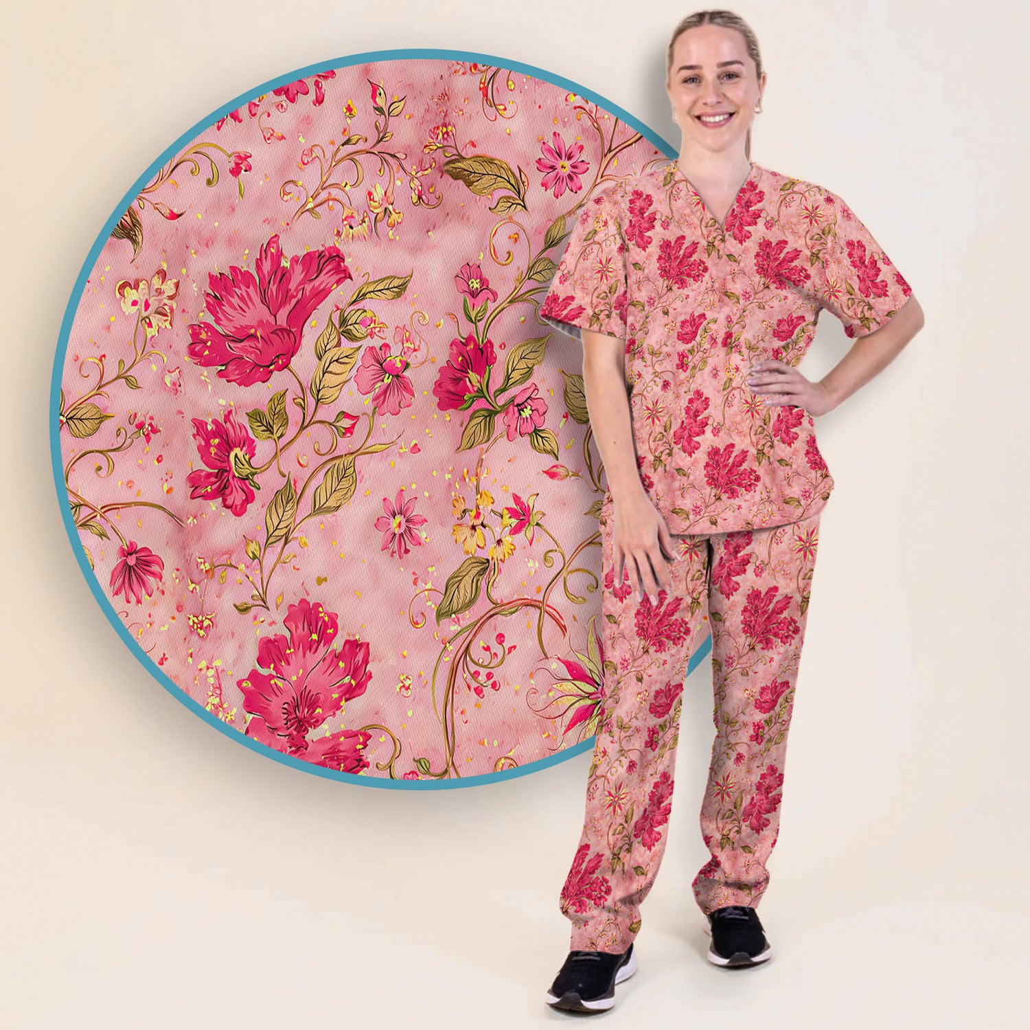Elegant Pink Floral Vine Pattern Scrub Set, Women's Scrub Sets