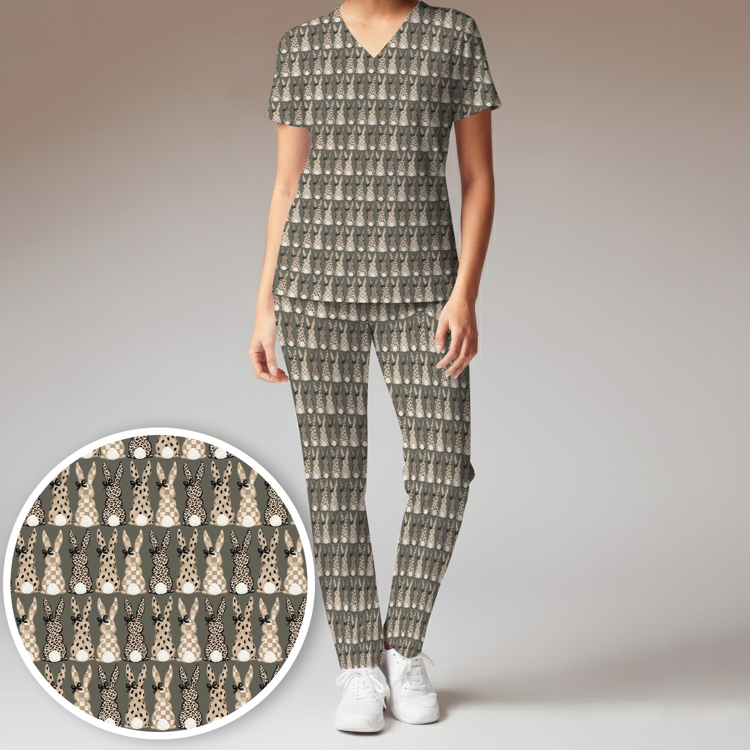 Vintage Bunny Pattern Beige Scrub Set, Scrub Pants and V Neck Top