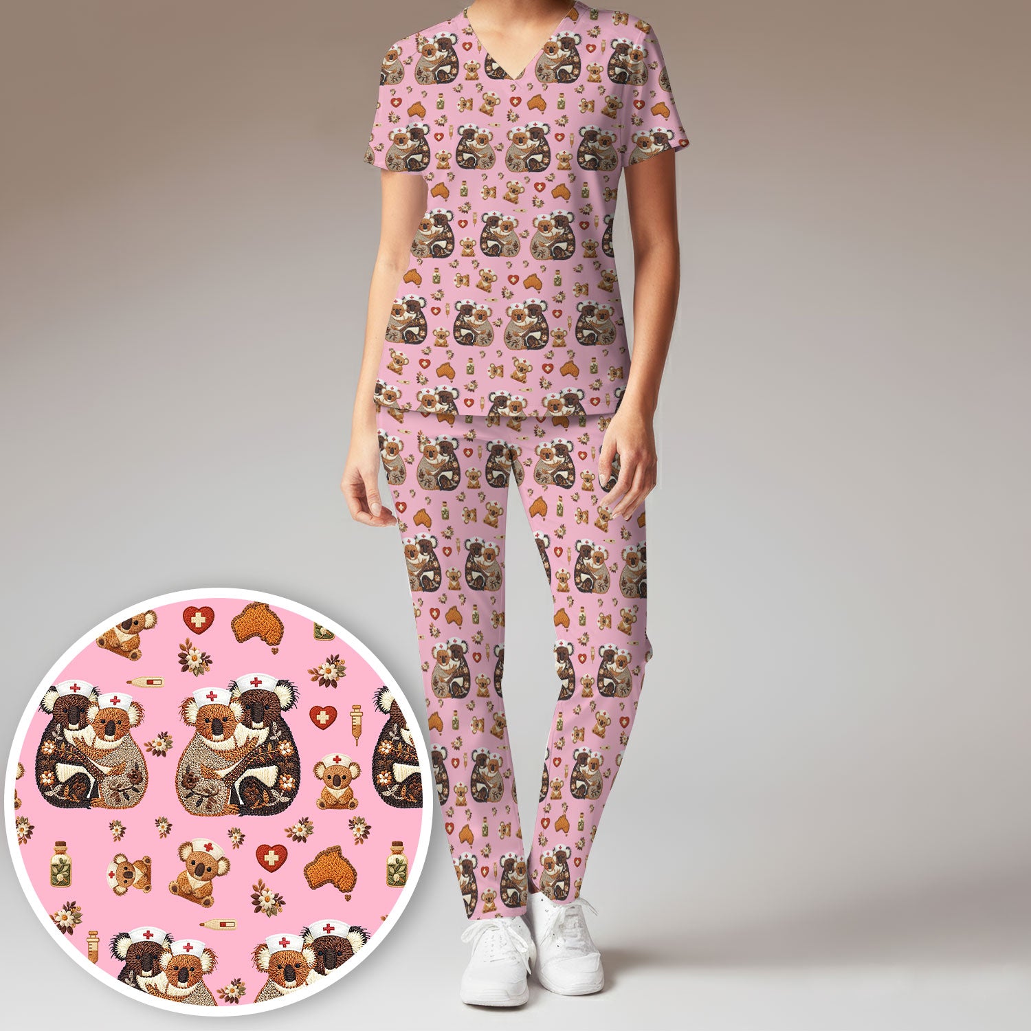Cute Cartoon Koala Valentine Nurse Design Scrub Set, Breathable Med Uniform