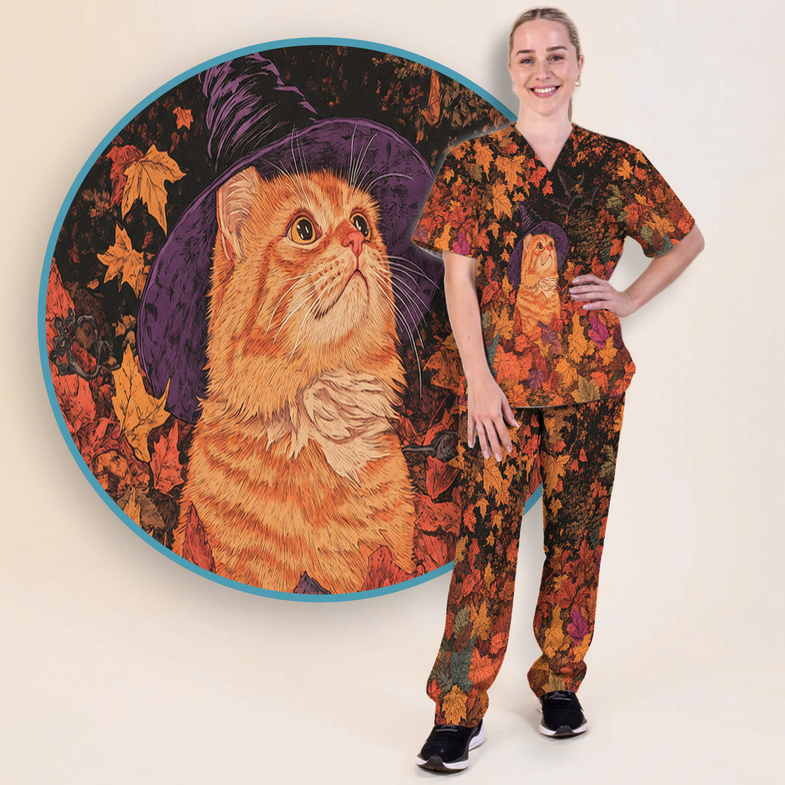 Autumn Cat with Fall Leaves Scrub Set, Scrub Pants and V Neck Top