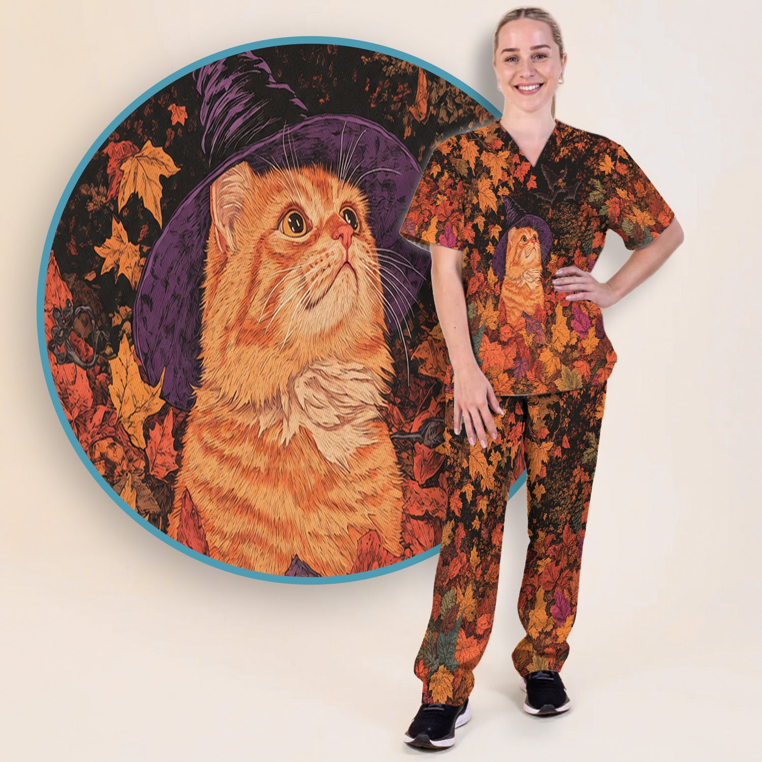 Autumn Cat with Fall Leaves Scrub Set, Scrub Pants and V Neck Top