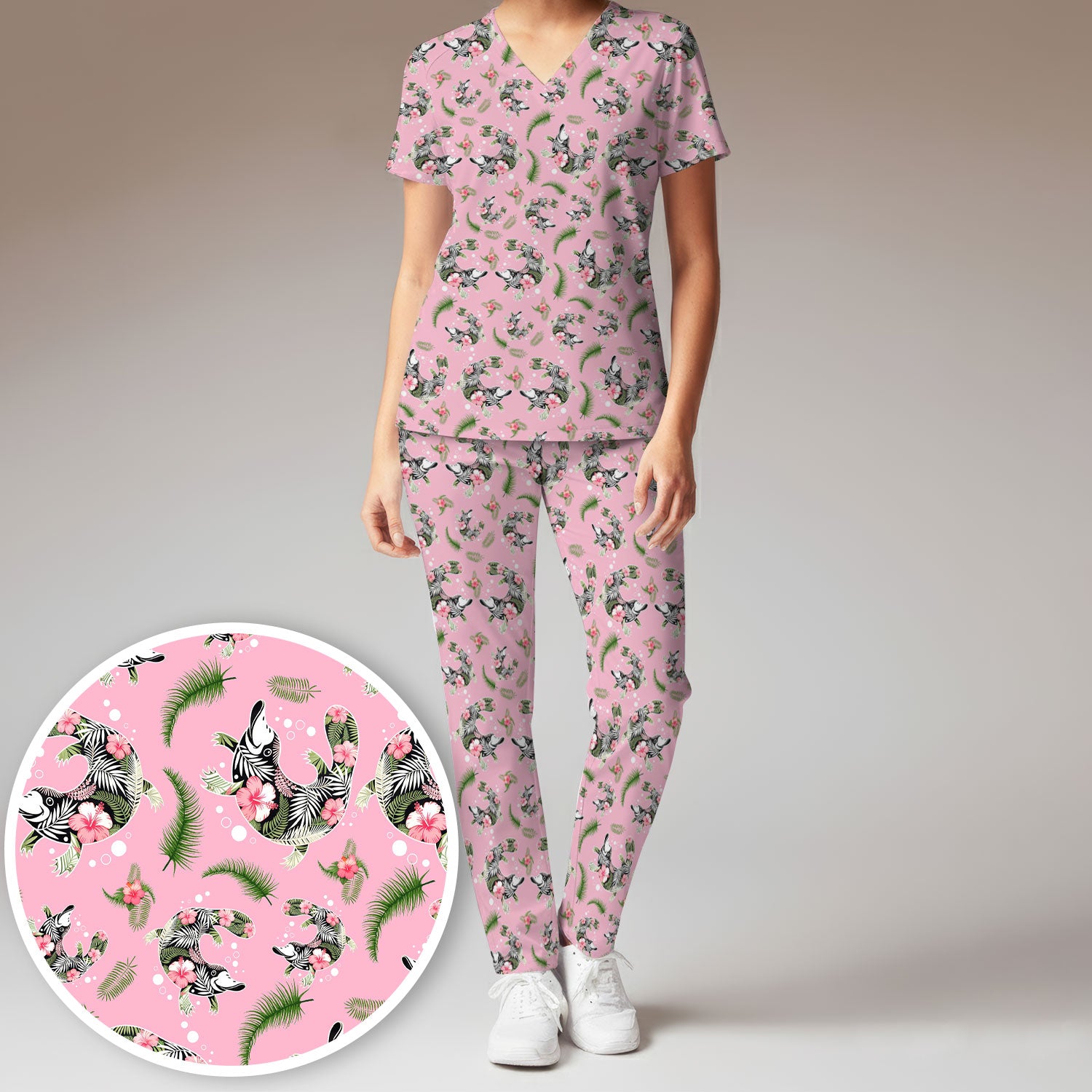 Cute Platypus Scrub Set, Tropical Floral Animal Pattern Nurse Shirt, Breathable Fabrics Nursing Uniform