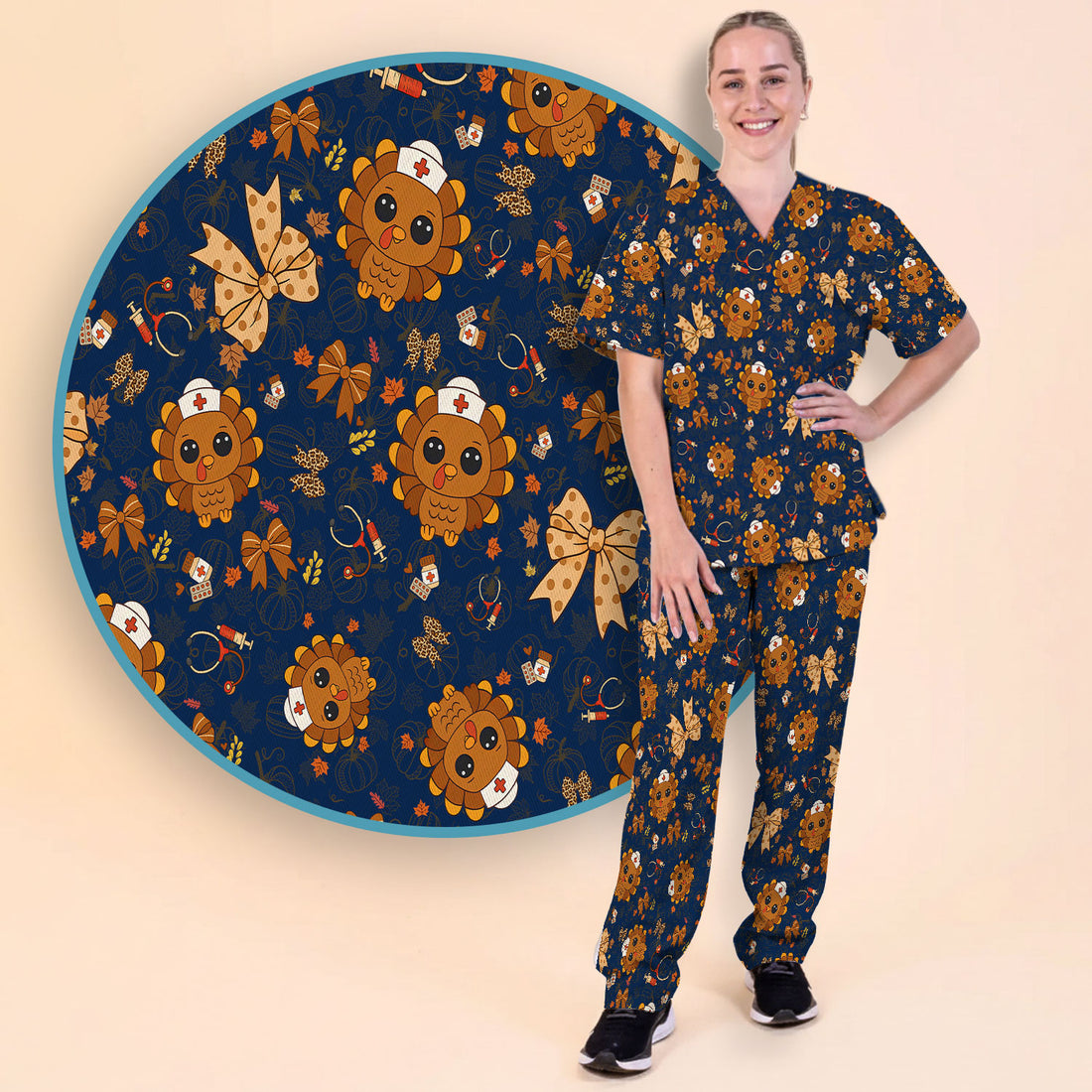 Thanksgiving Turkey Nurse Scrub Set for Women - Cute Fall Leaves and Bow Scrub Pants and V Neck Top - Autumn Medical Uniform
