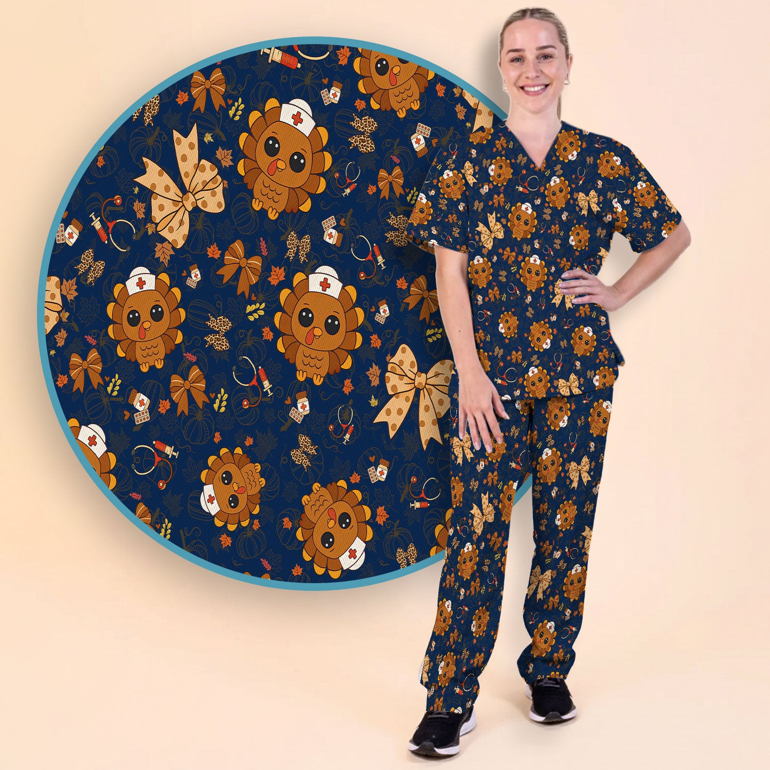 Thanksgiving Turkey Nurse Scrub Set for Women - Cute Fall Leaves and Bow Scrub Pants and V Neck Top - Autumn Medical Uniform