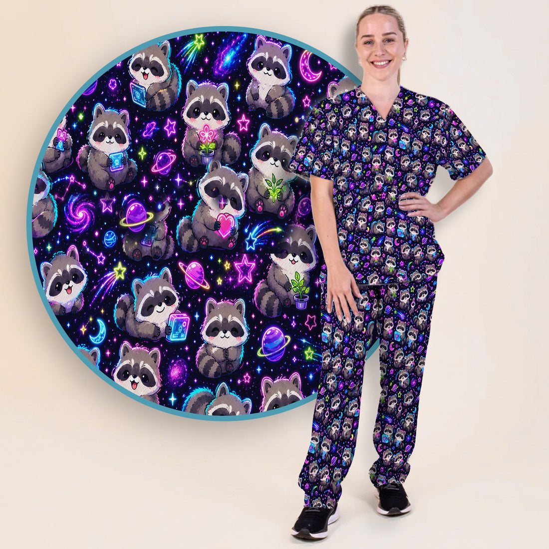 Neon Galaxy Raccoon Space Pattern Scrub Set, Scrub Pants and V Neck Top